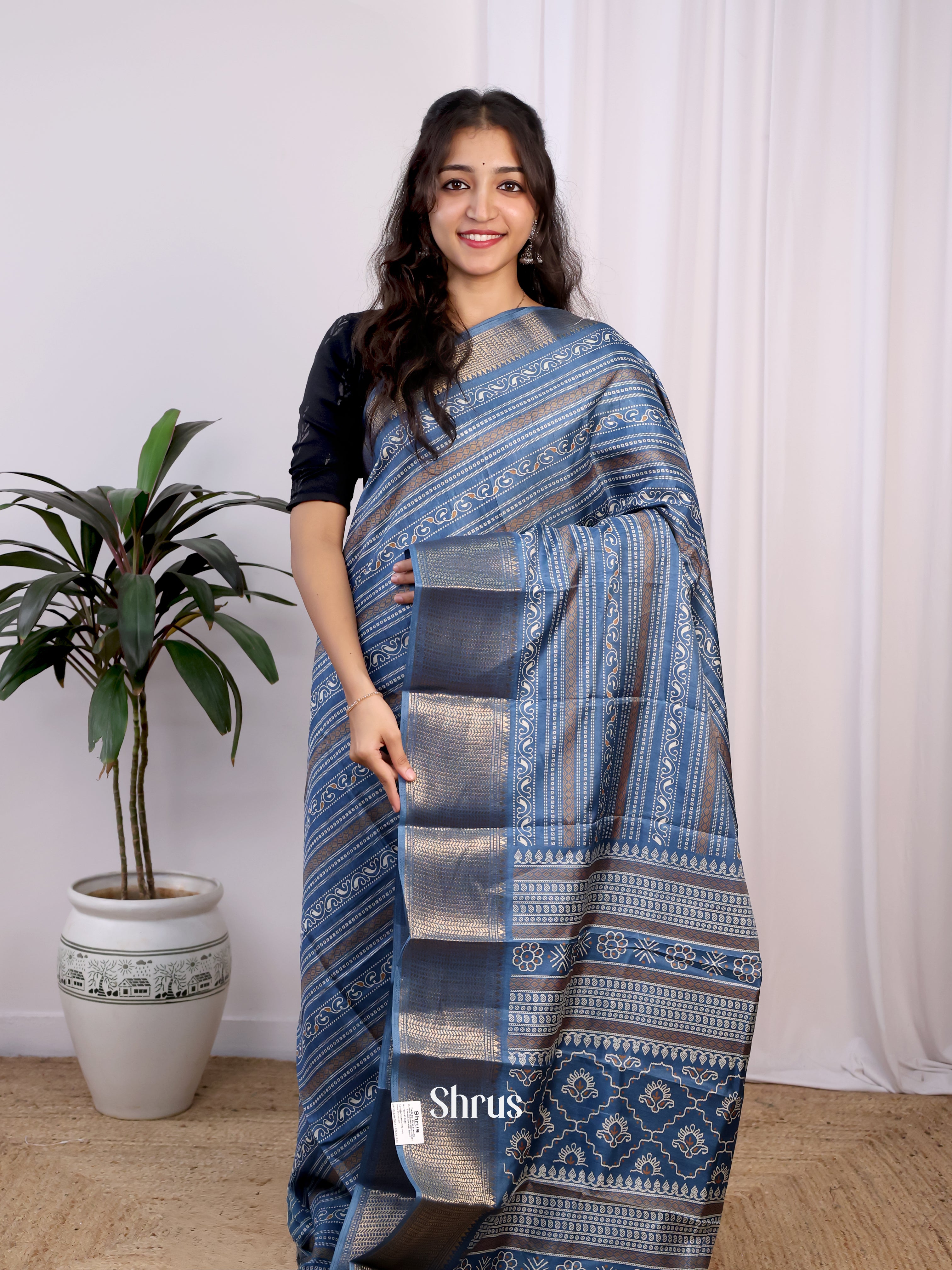 Blue & Grey - Semi Crepe Saree - Shop on Shrus.com
