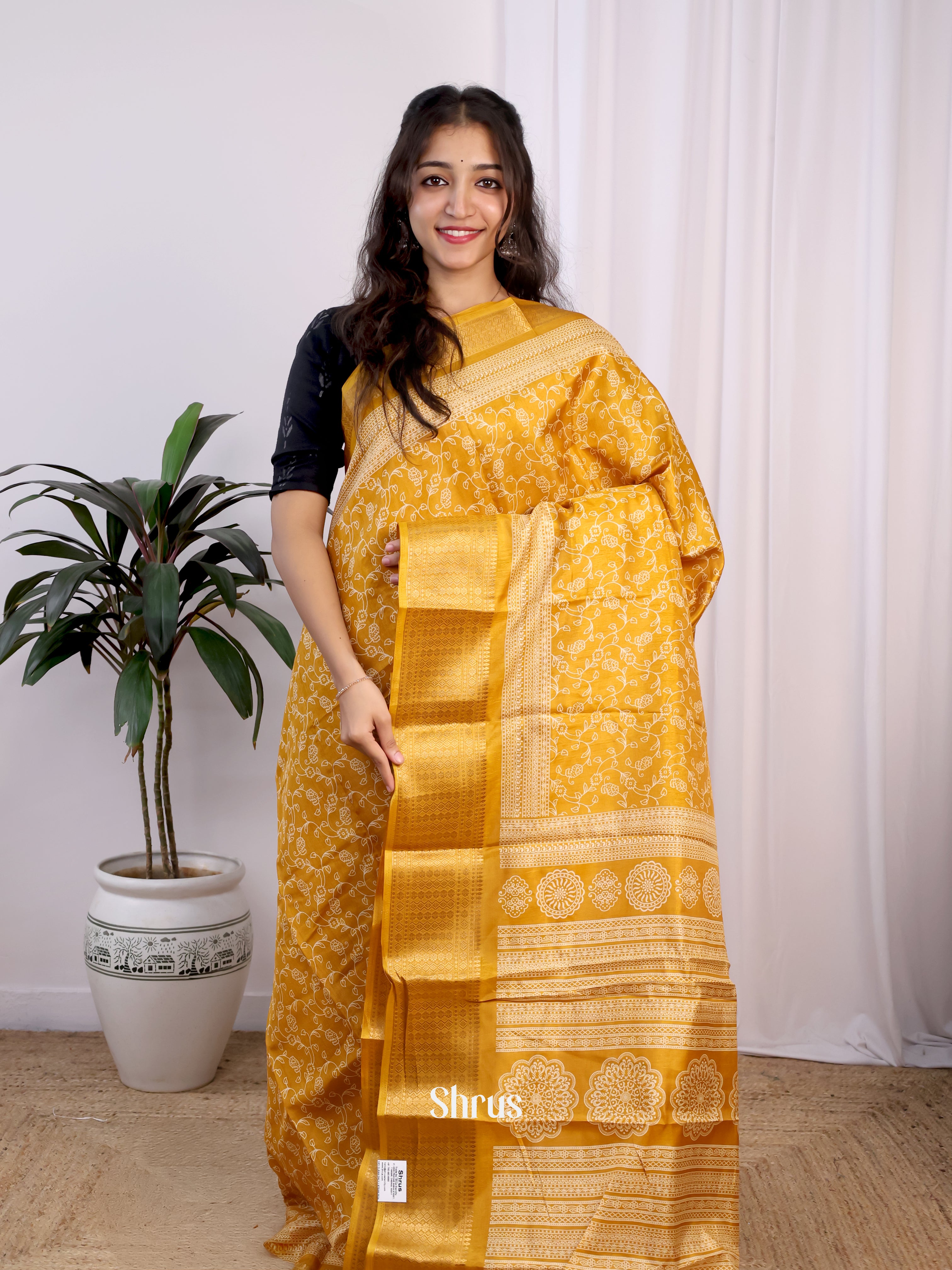 Yellow - Semi Crepe Saree - Shop on Shrus.com