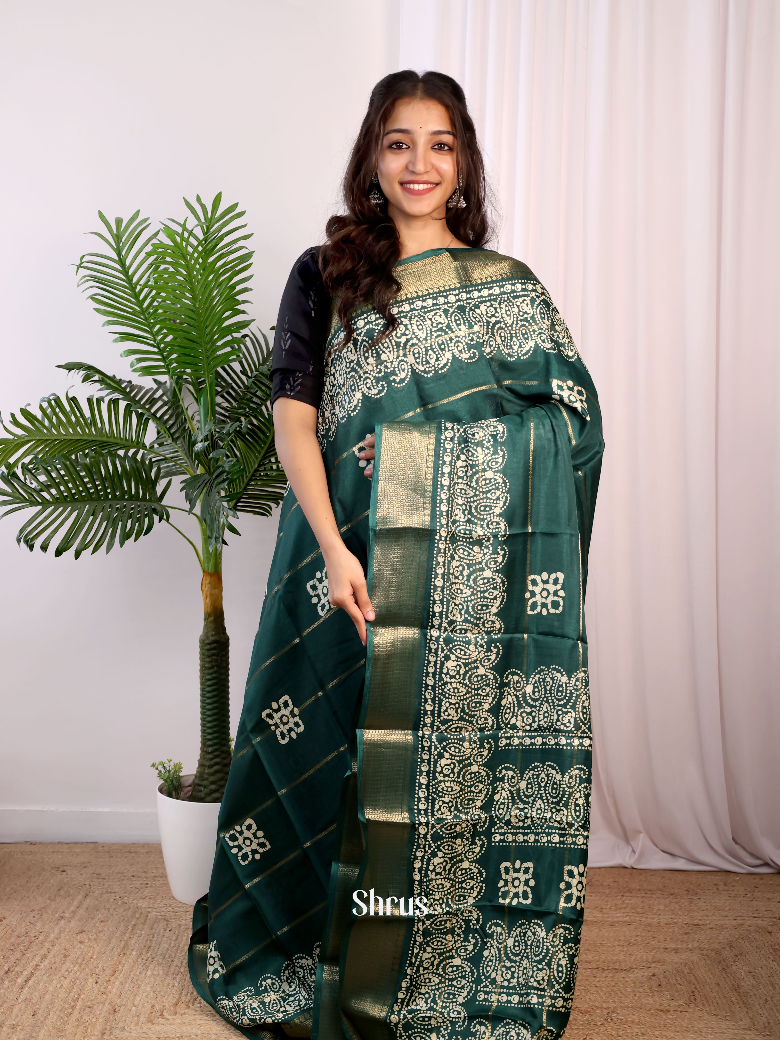 Bottle Green - Semi Crepe Saree - Shop on Shrus.com