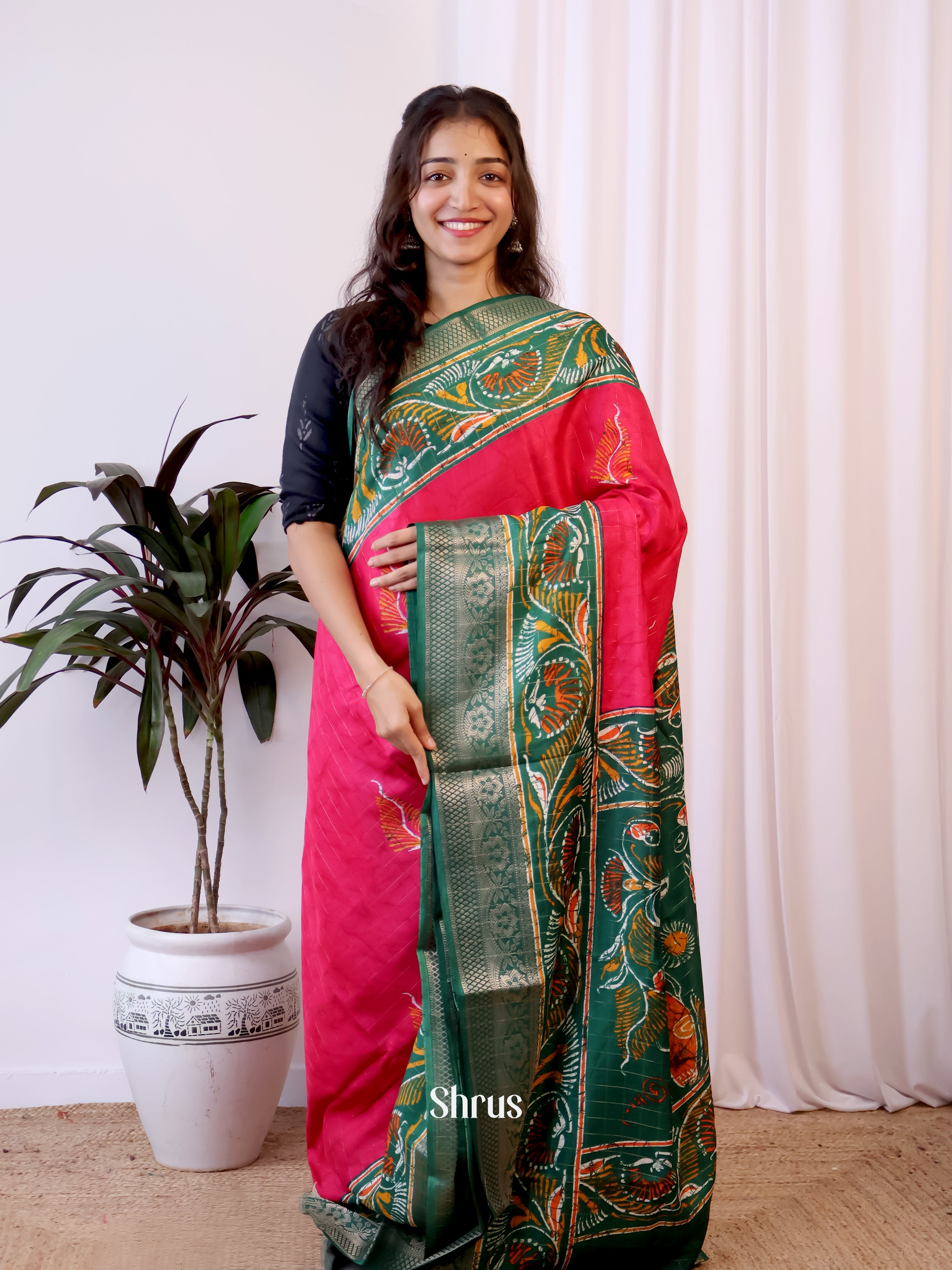 Pink & Green - Semi Crepe Saree - Shop on Shrus.com