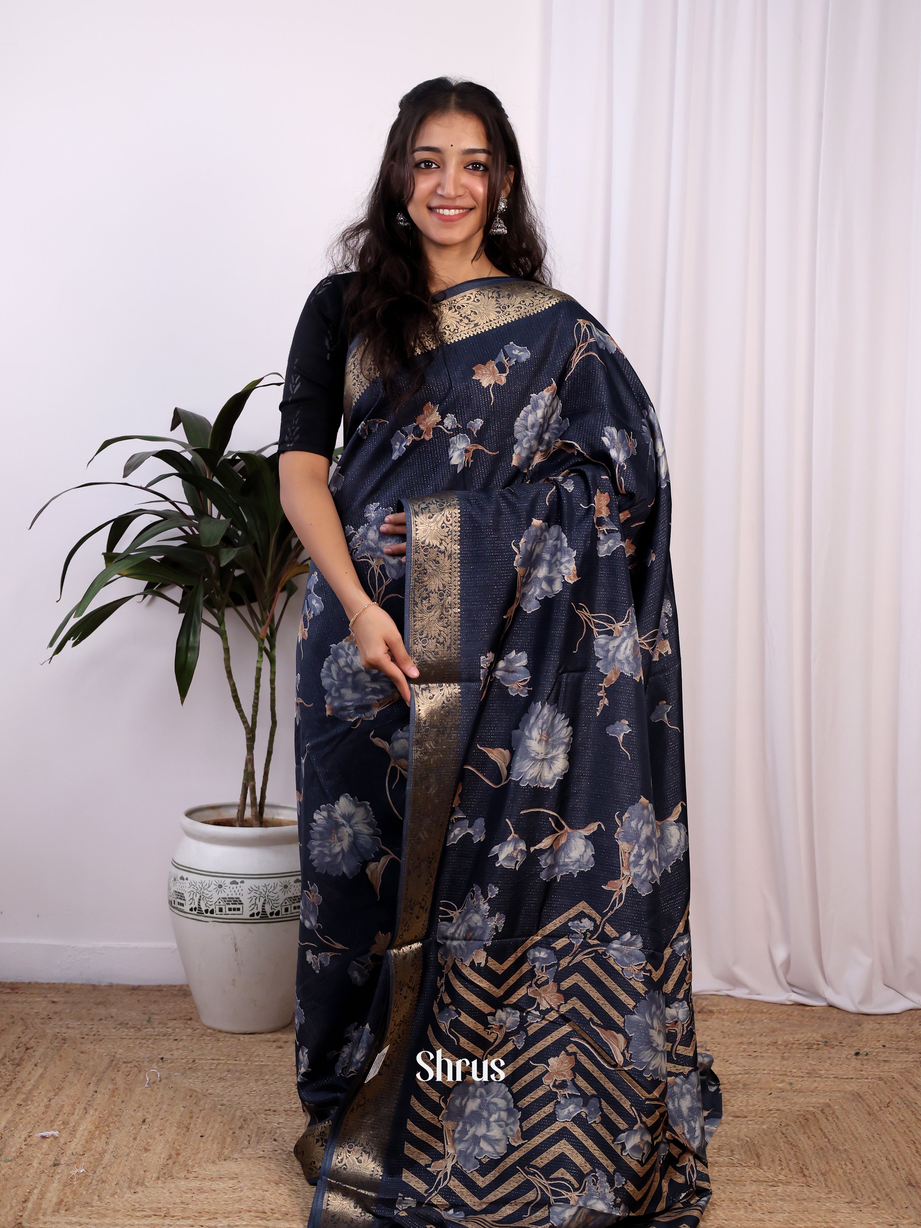 Navy Blue - Semi Crepe Saree - Shop on Shrus.com