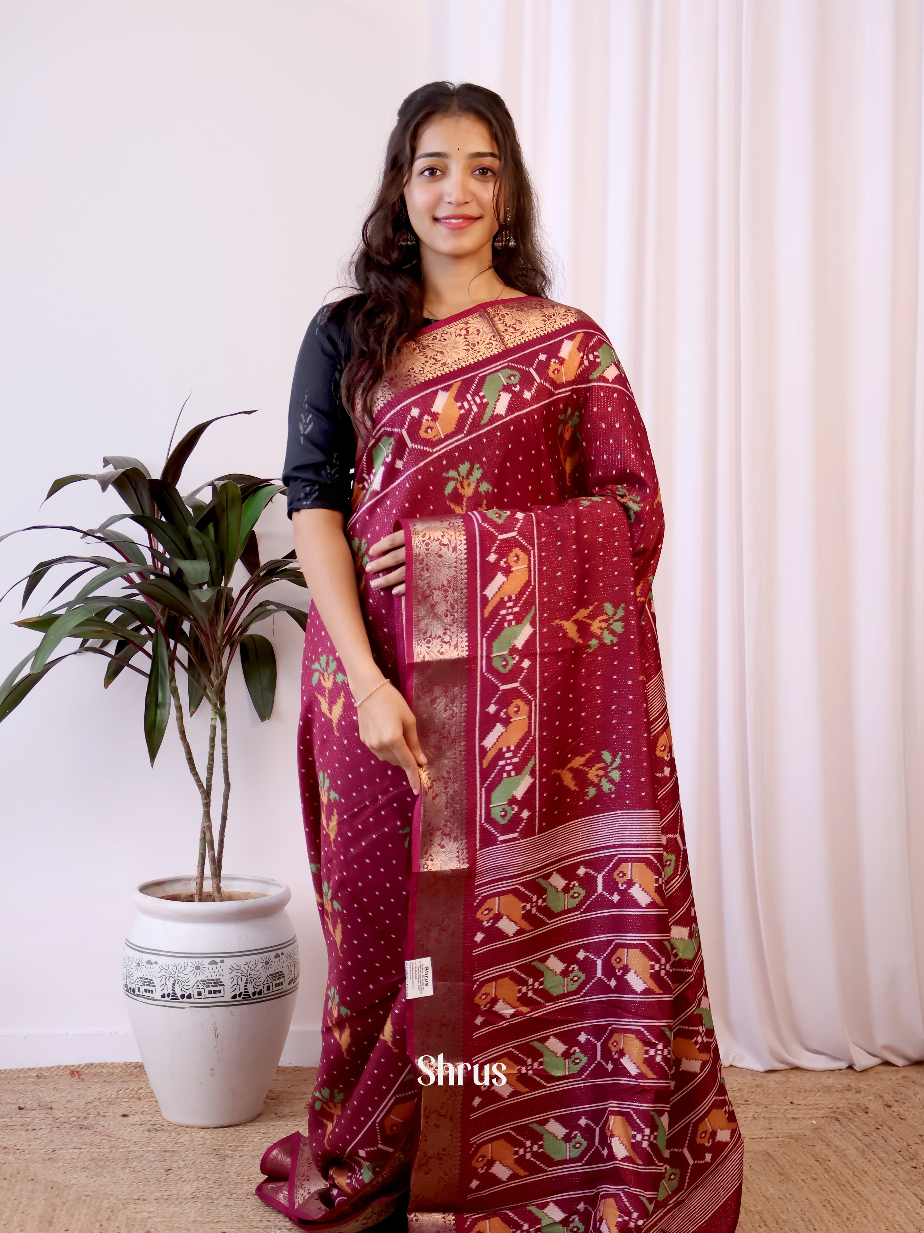 Maroon- Semi Crepe Saree - Shop on Shrus.com