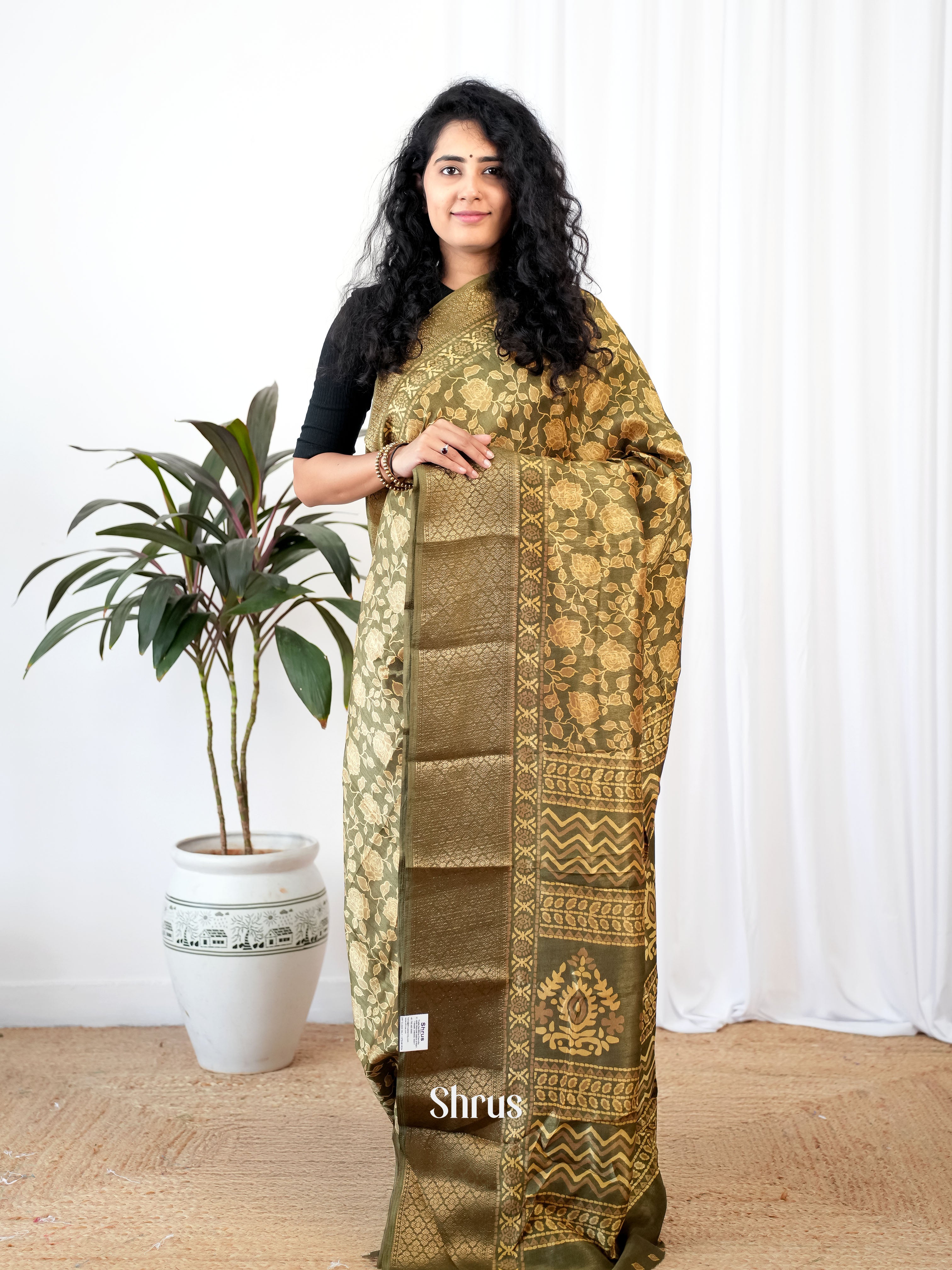 Mehandi Green- Semi Crepe Saree - Shop on Shrus.com