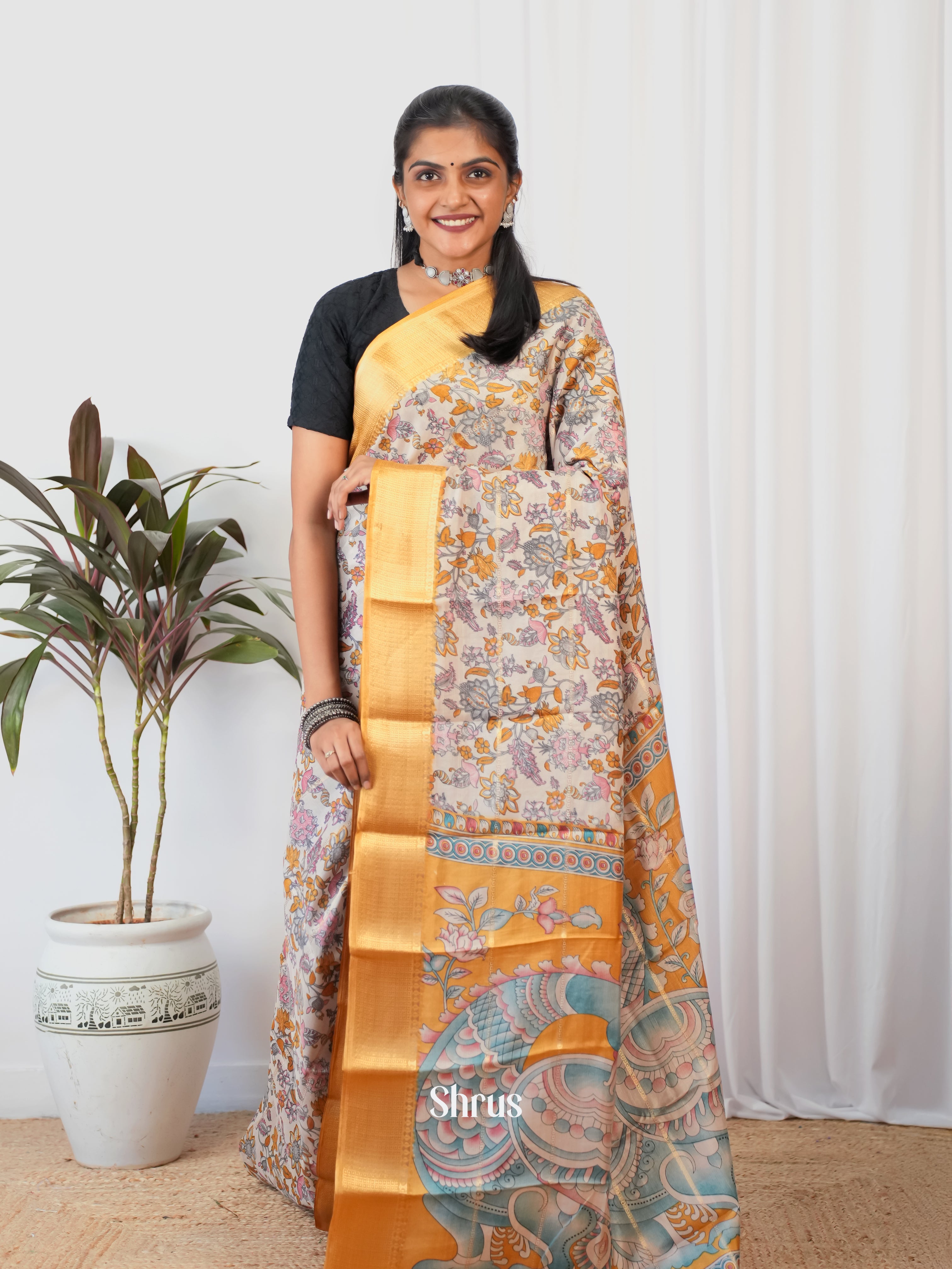 Cream & Orange - Semi Crepe Saree - Shop on Shrus.com