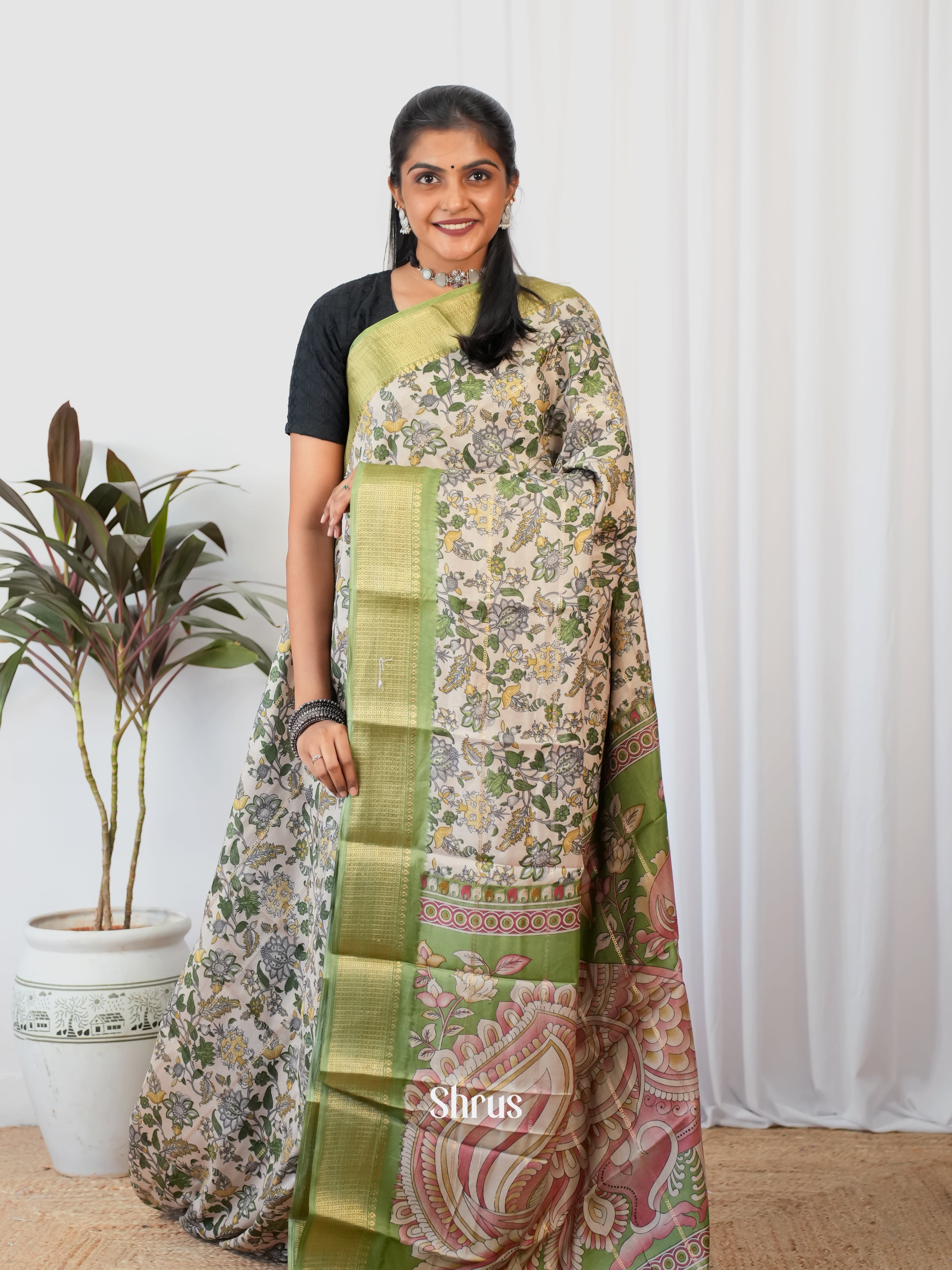 Cream & Green - Semi Crepe Saree - Shop on Shrus.com