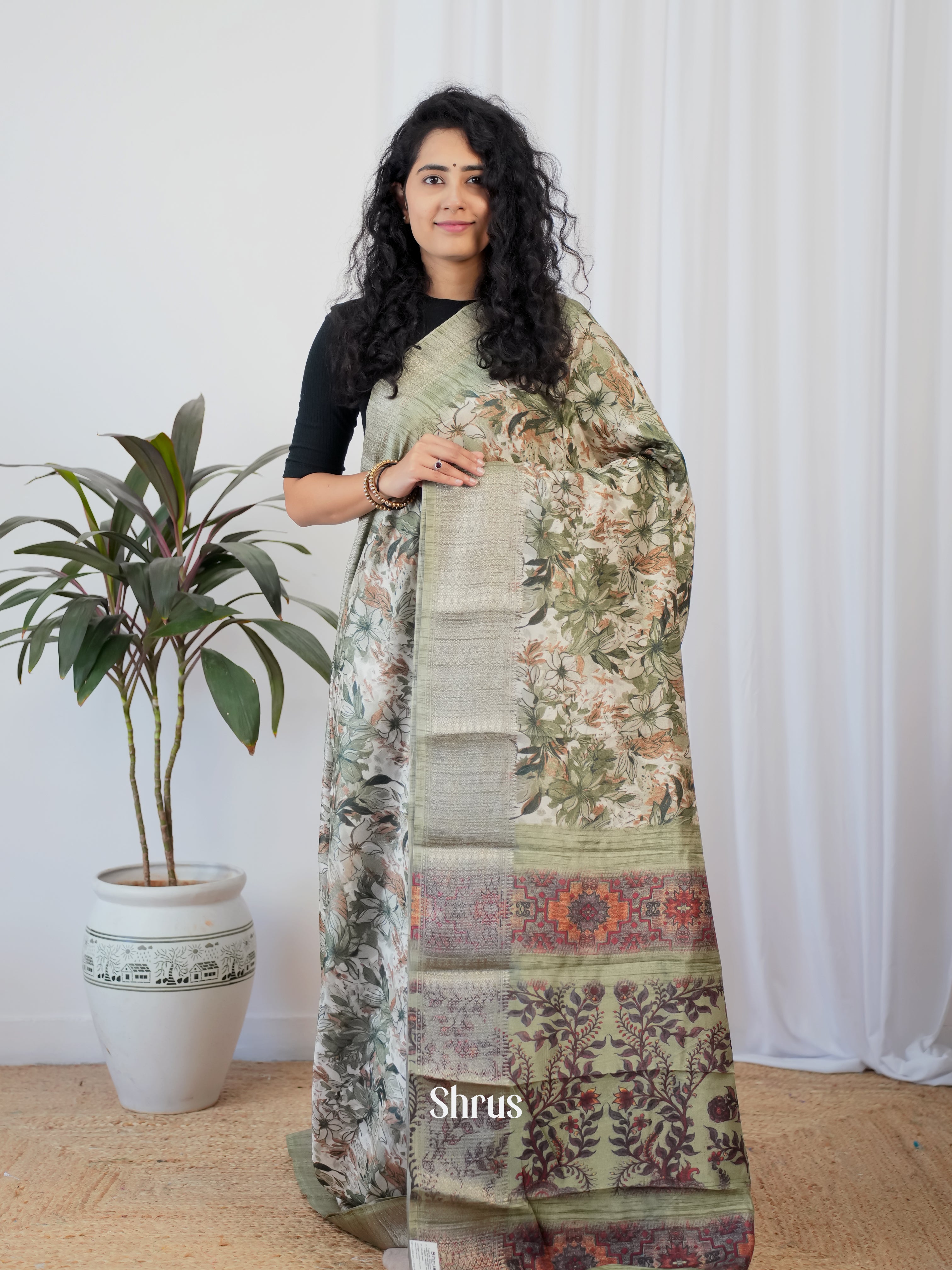 Cream & Green - Semi Crepe Saree - Shop on Shrus.com