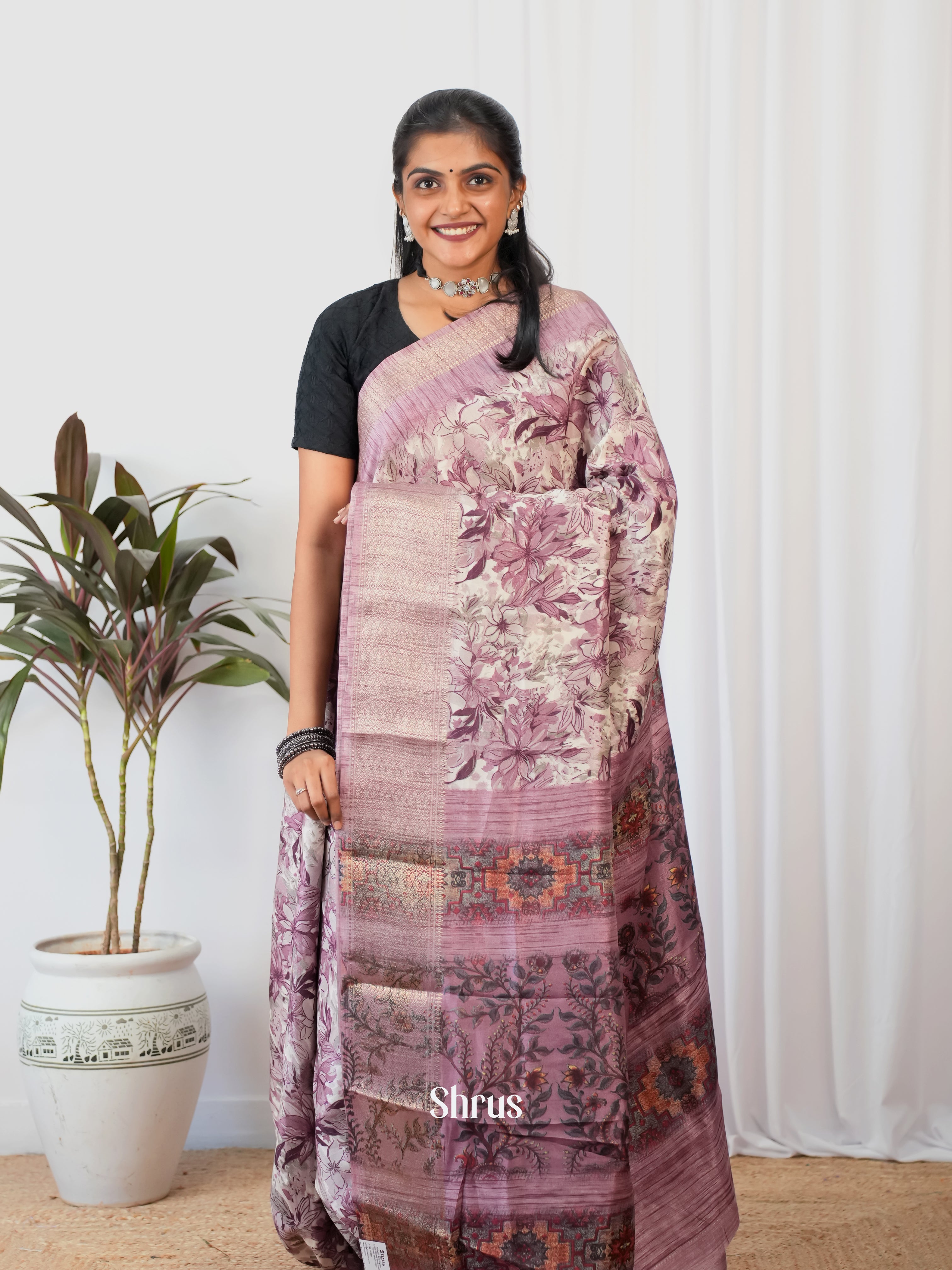 Cream & purple - Semi Crepe Saree - Shop on Shrus.com