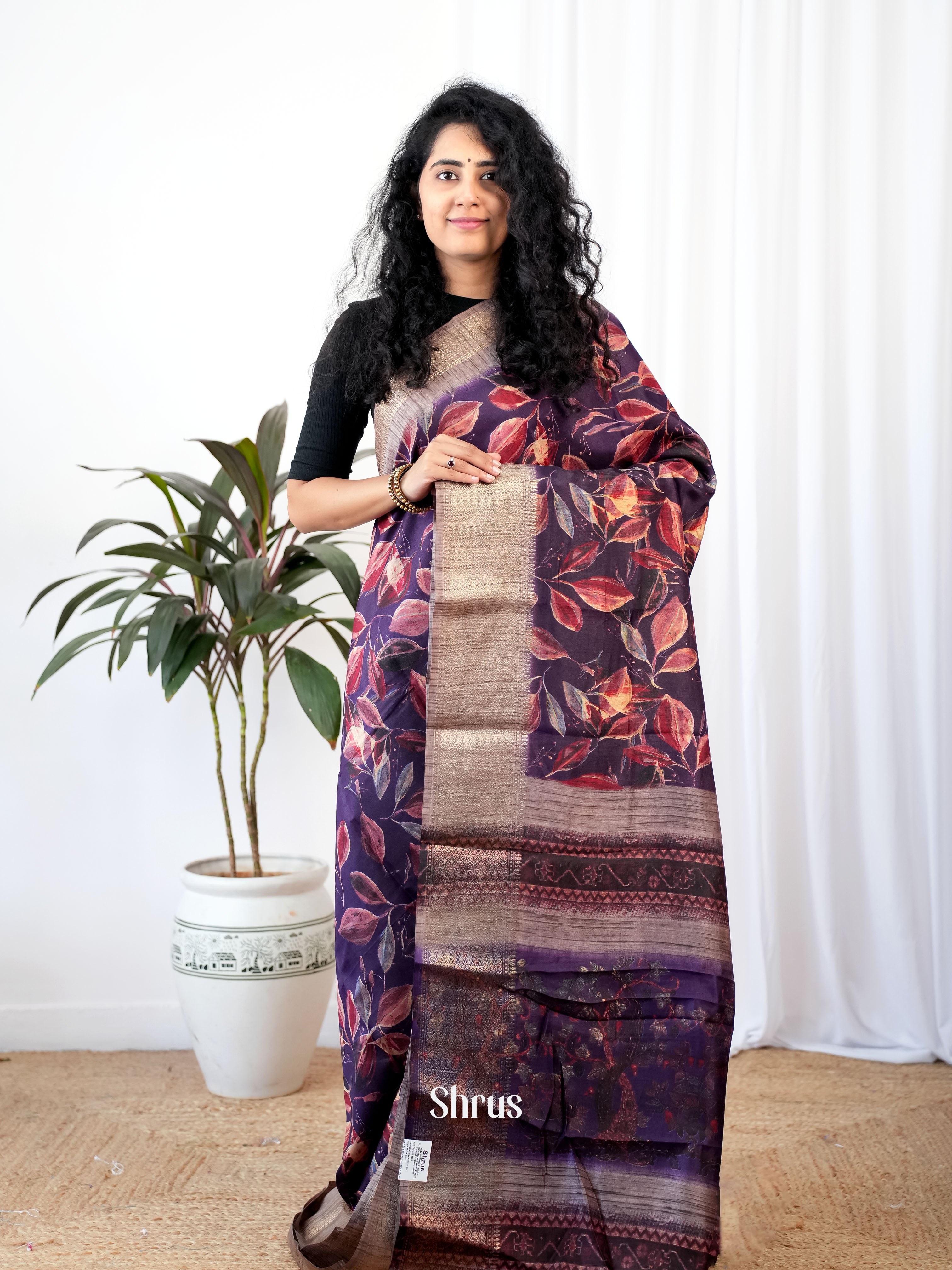 Purple & Grey- Semi Crepe Saree - Shop on Shrus.com