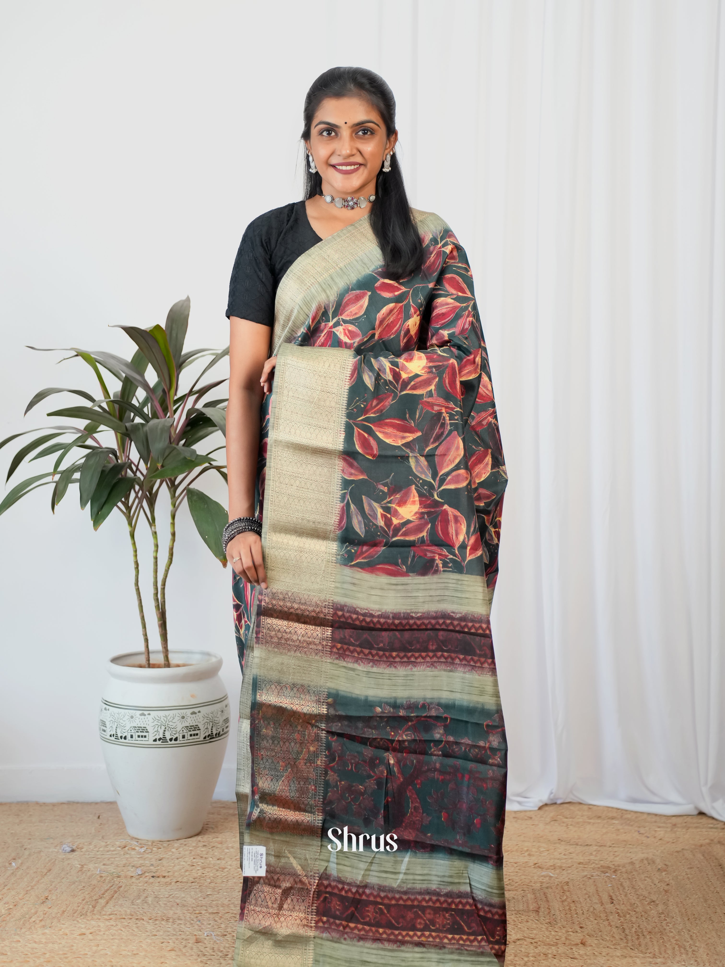 Green & Grey- Semi Crepe Saree - Shop on Shrus.com