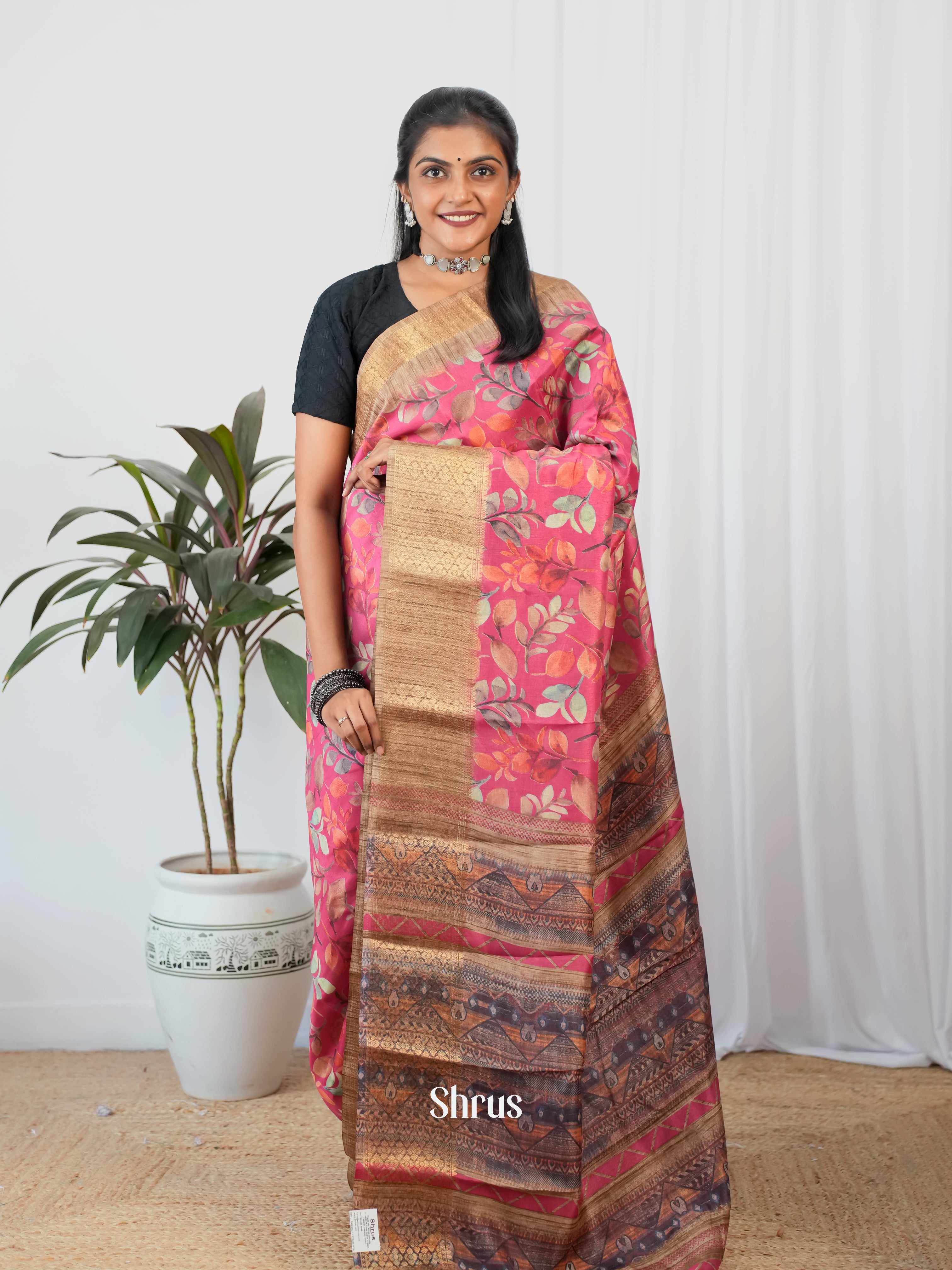Pink & Brown - Semi Crepe Saree - Shop on Shrus.com