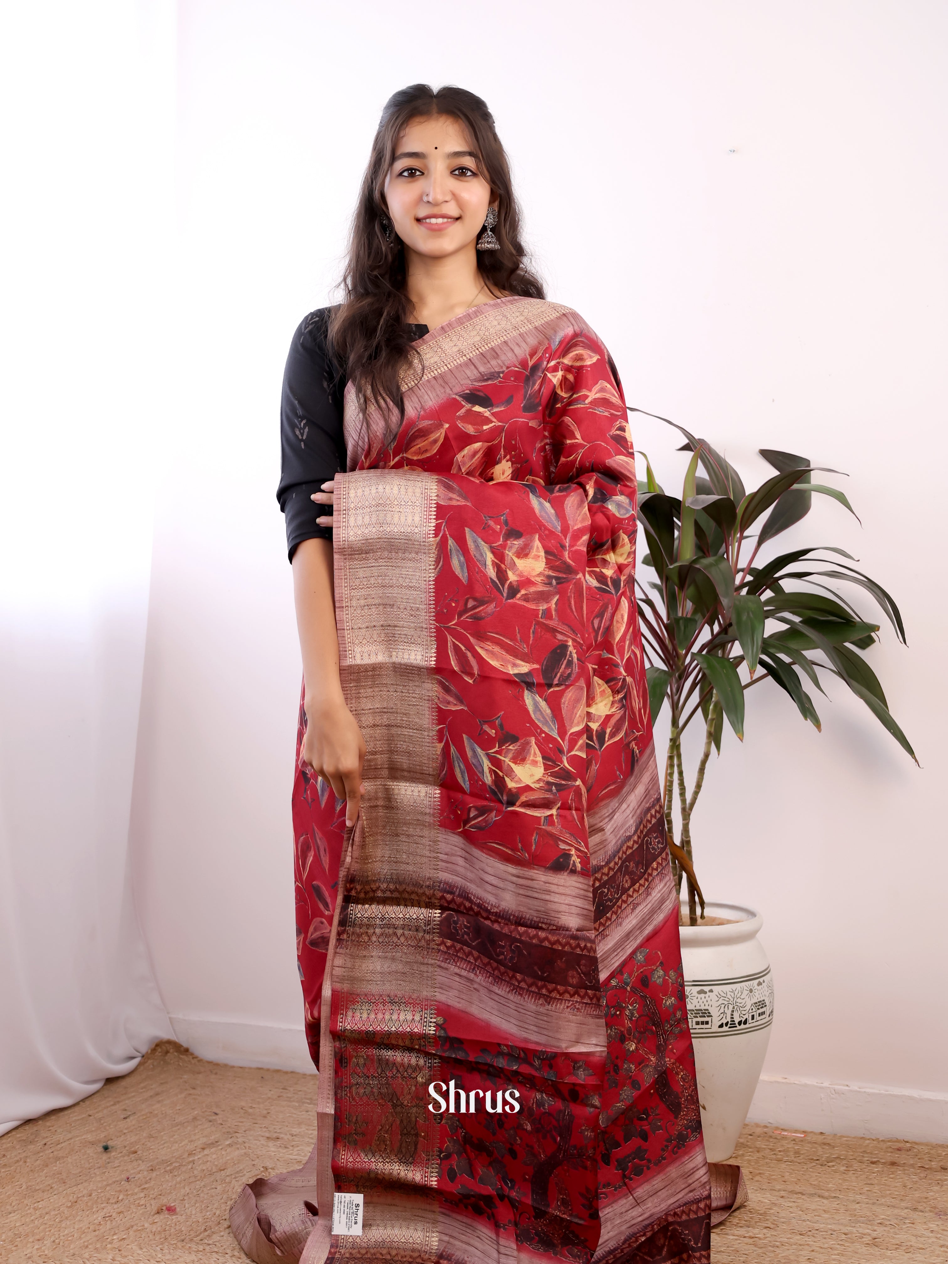 Maroon & Onion peel - Semi Crepe Saree - Shop on Shrus.com