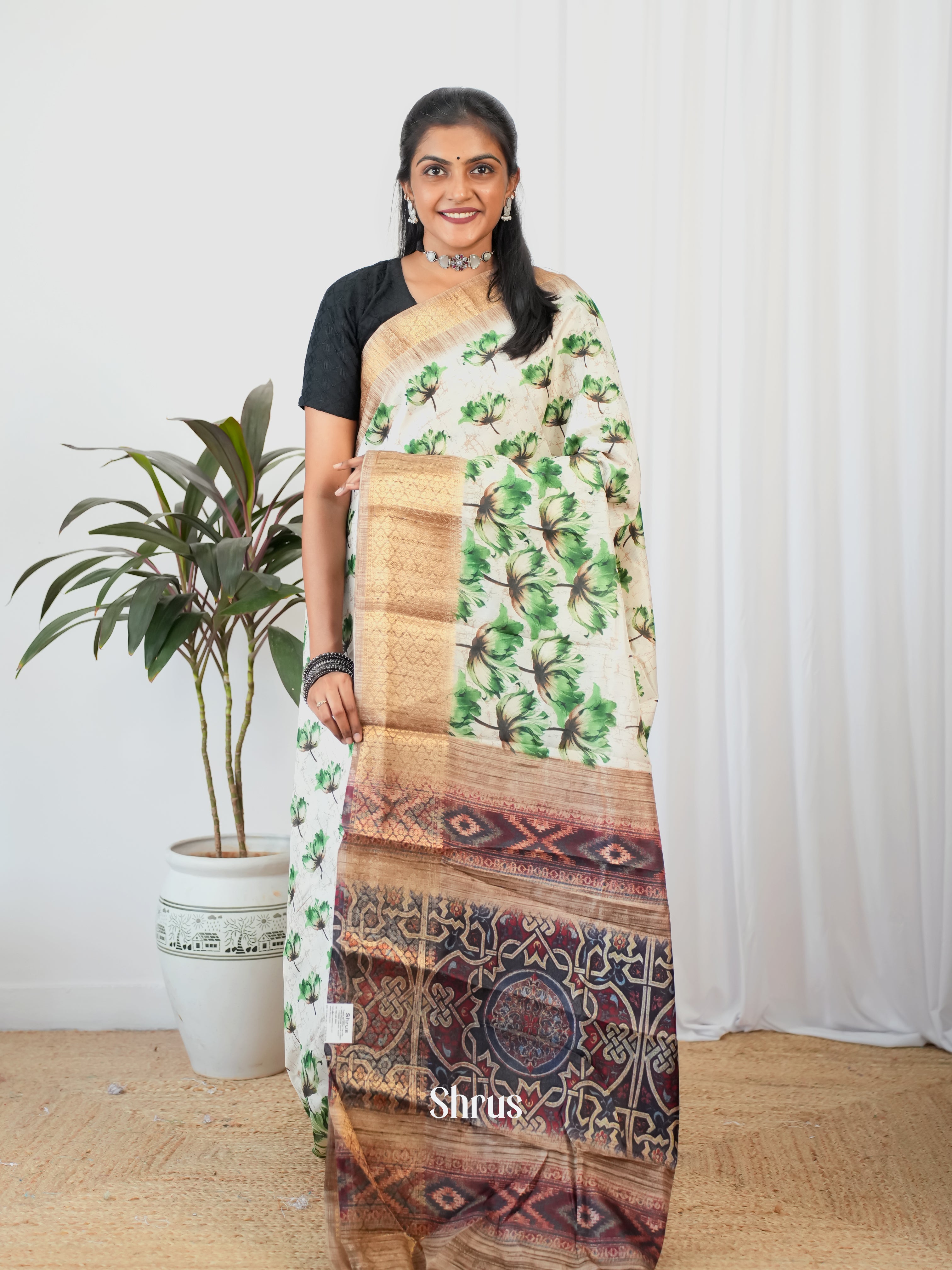 Cream & Green - Semi Crepe Saree - Shop on Shrus.com