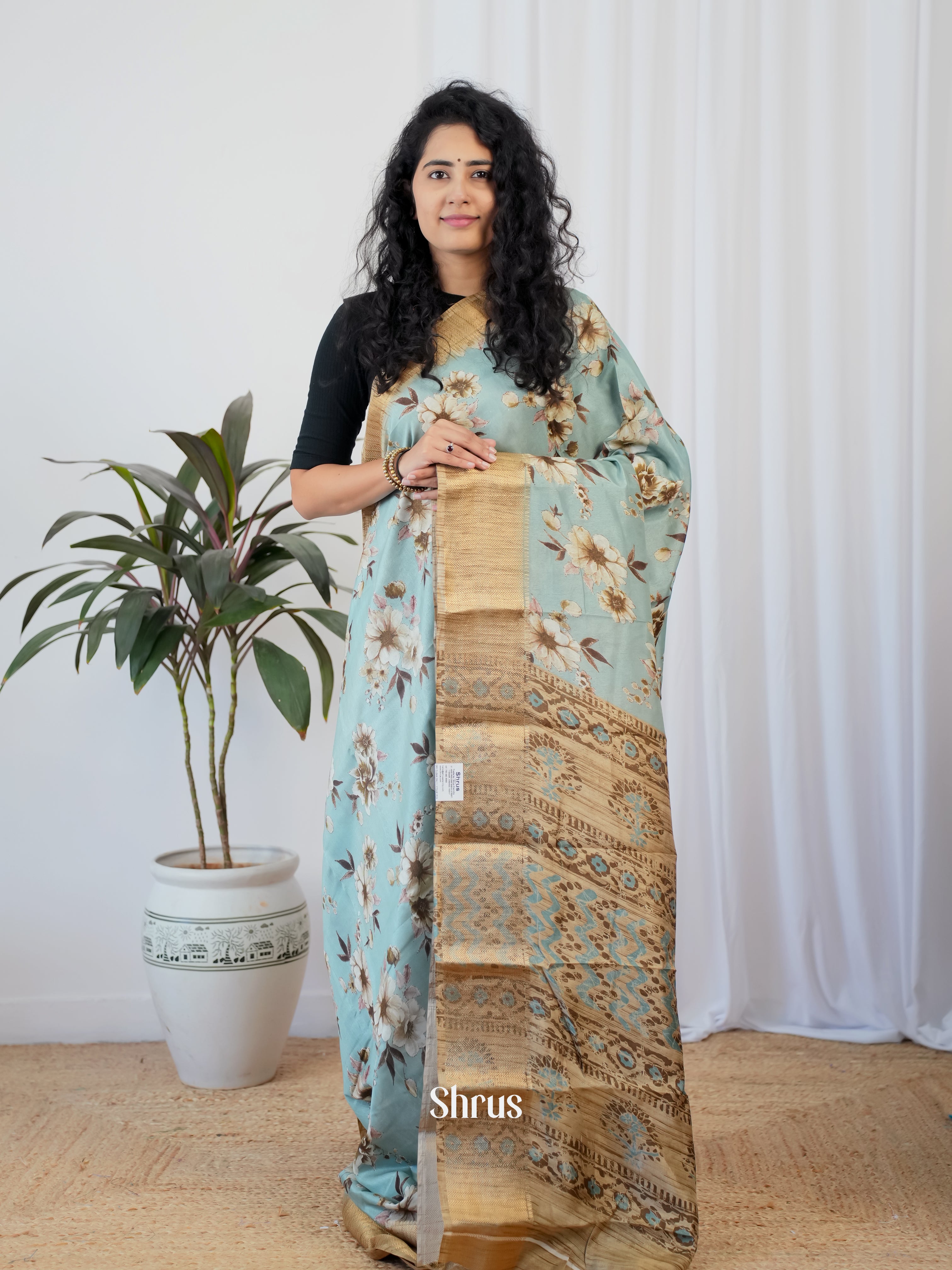 Blue & Gold - Semi Crepe Saree - Shop on Shrus.com