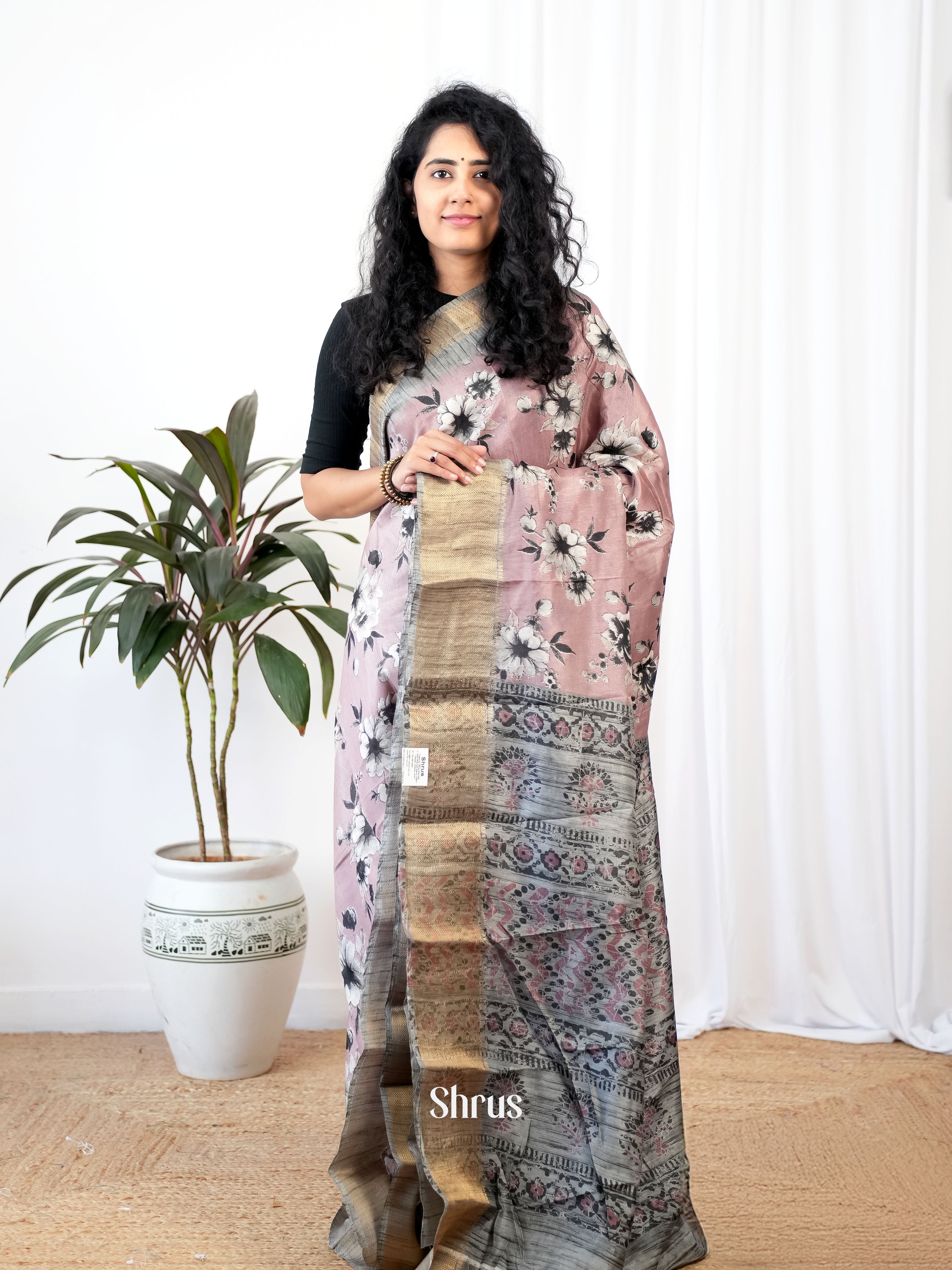 Purple & Grey - Semi Crepe Saree - Shop on Shrus.com