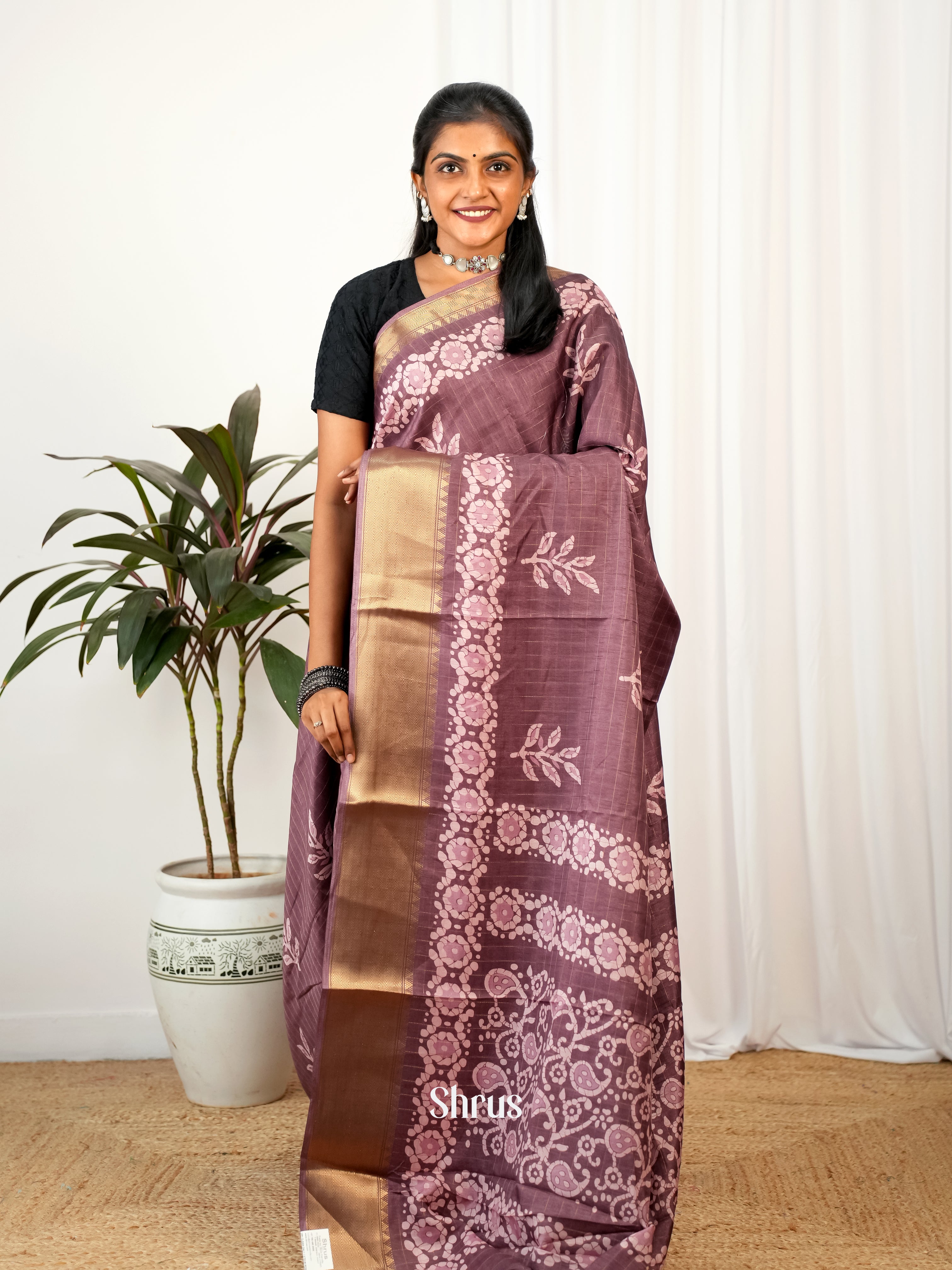 pastel brown - Semi Crepe Saree - Shop on Shrus.com