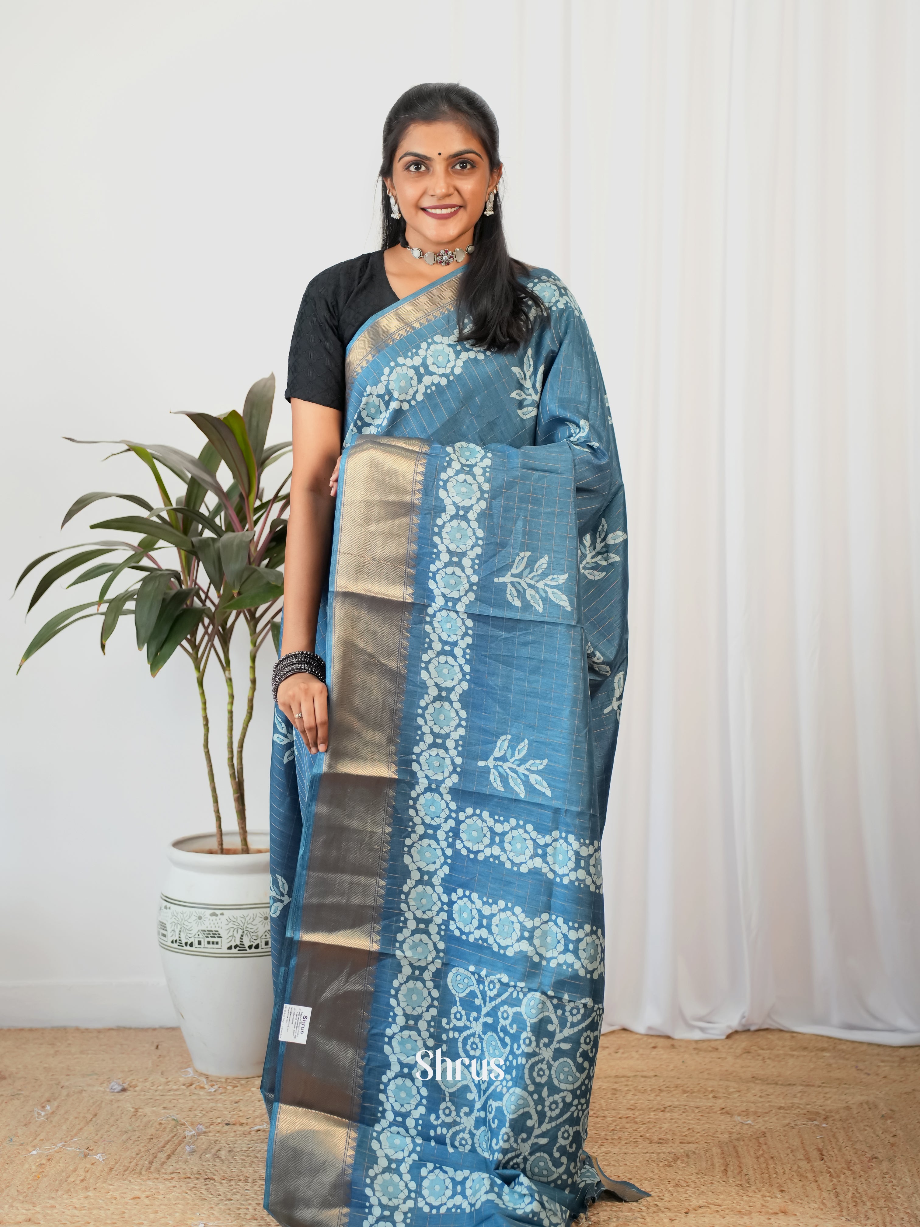 Greyish Blue - Semi Crepe Saree - Shop on Shrus.com