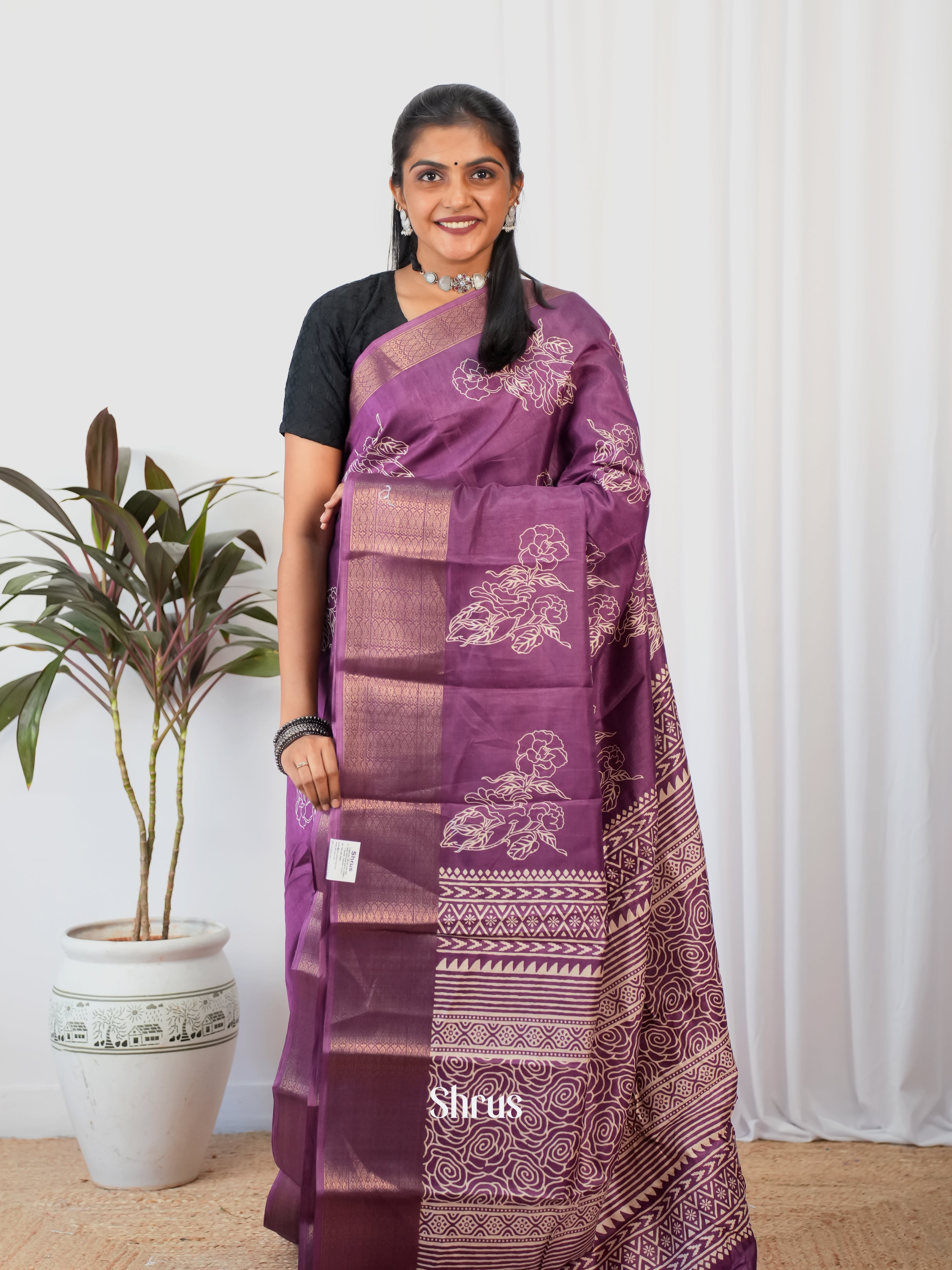 Purple - Semi Crepe Saree - Shop on Shrus.com