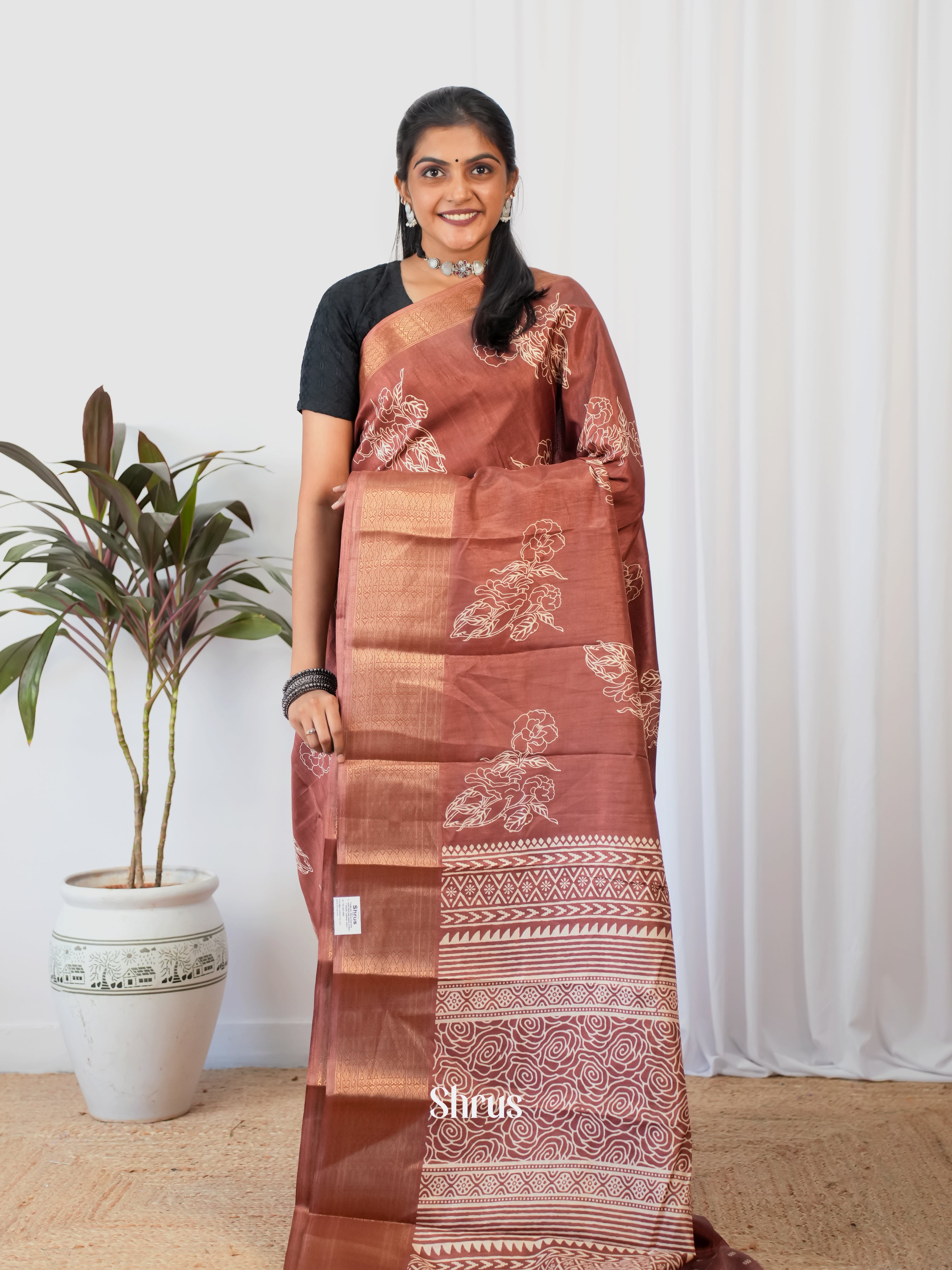 Brown - Semi Crepe Saree - Shop on Shrus.com