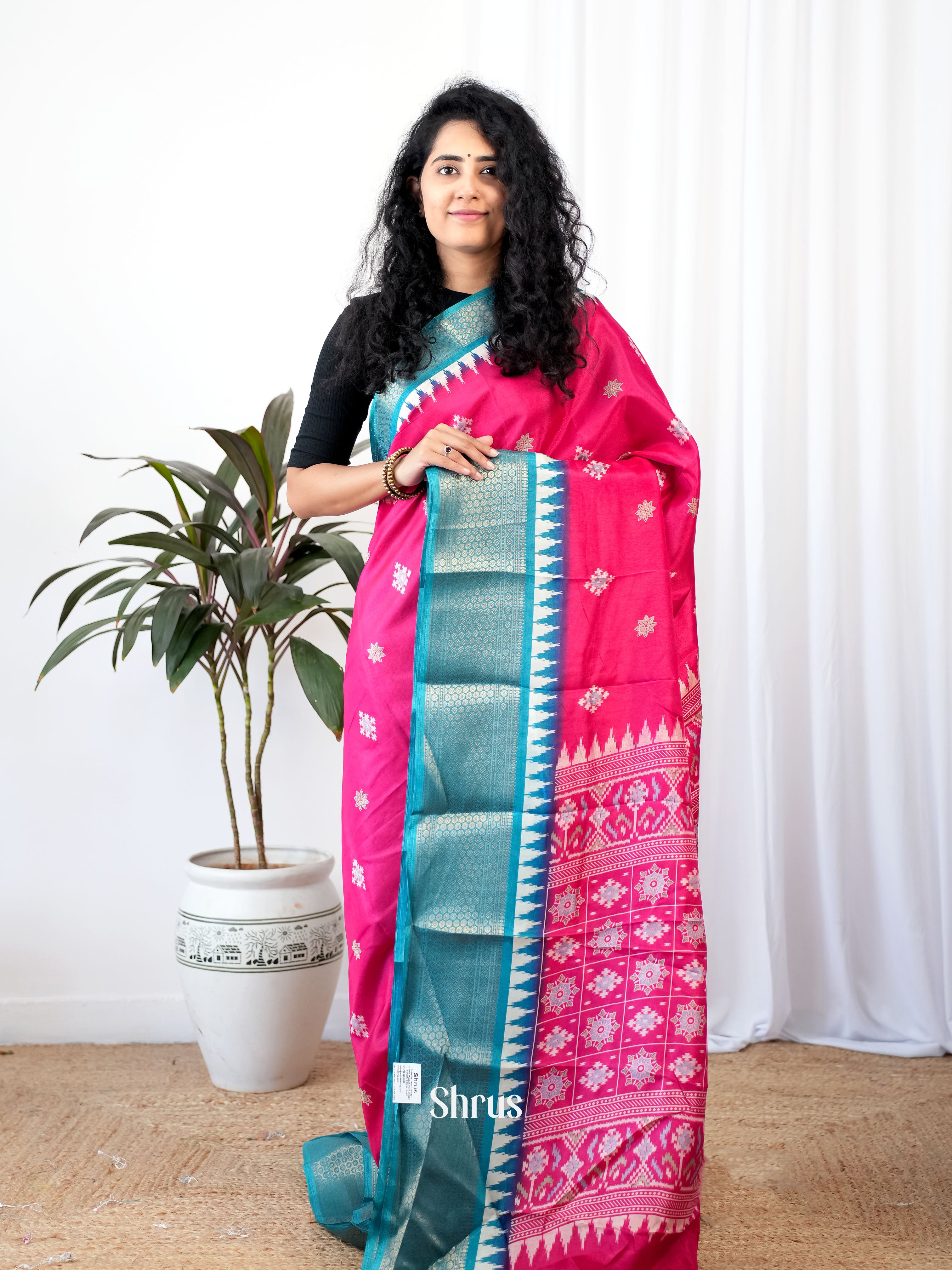 Pink & Blue - Semi Crepe Saree - Shop on Shrus.com