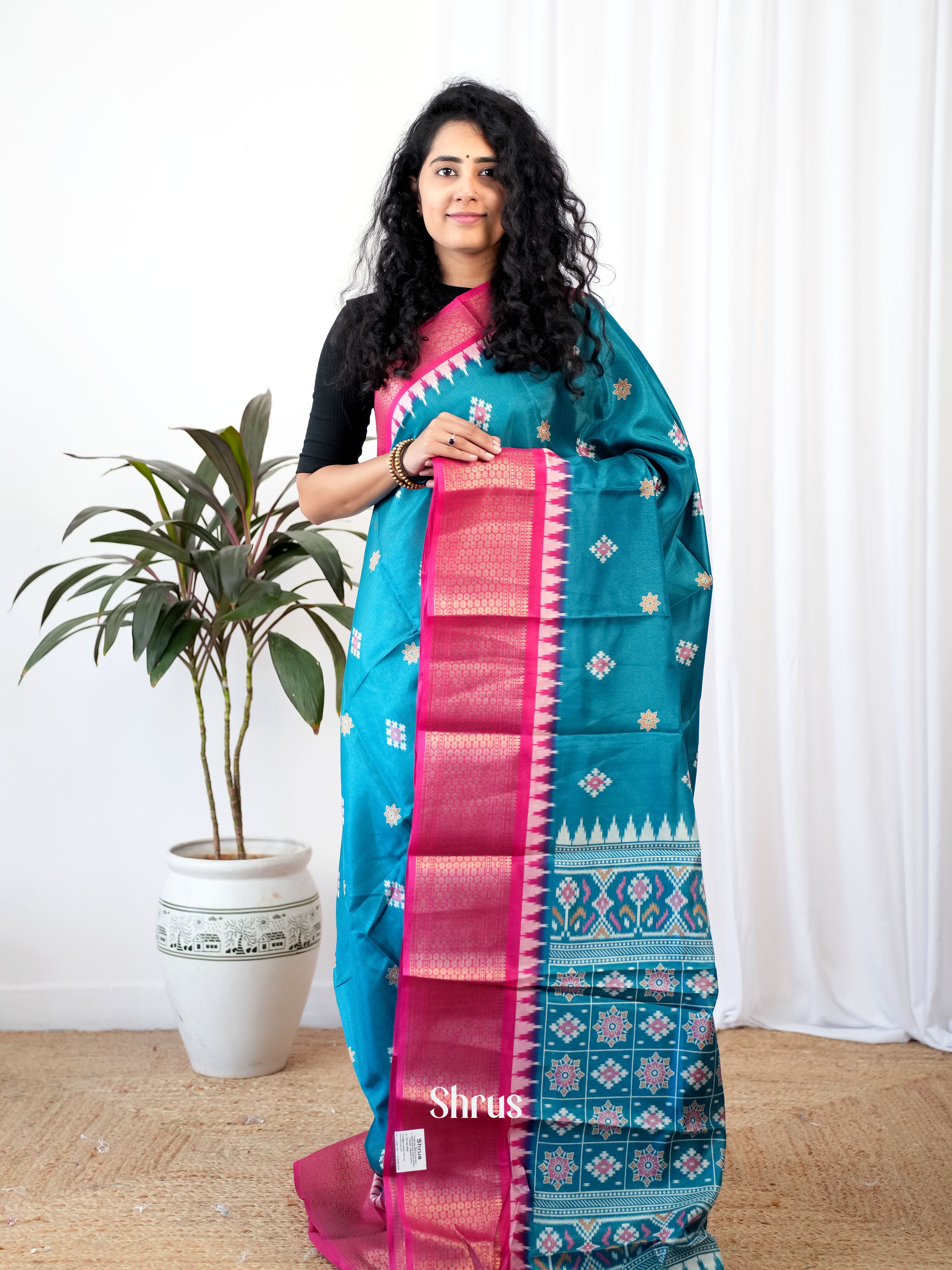 Blue & Pink - Semi Crepe Saree - Shop on Shrus.com
