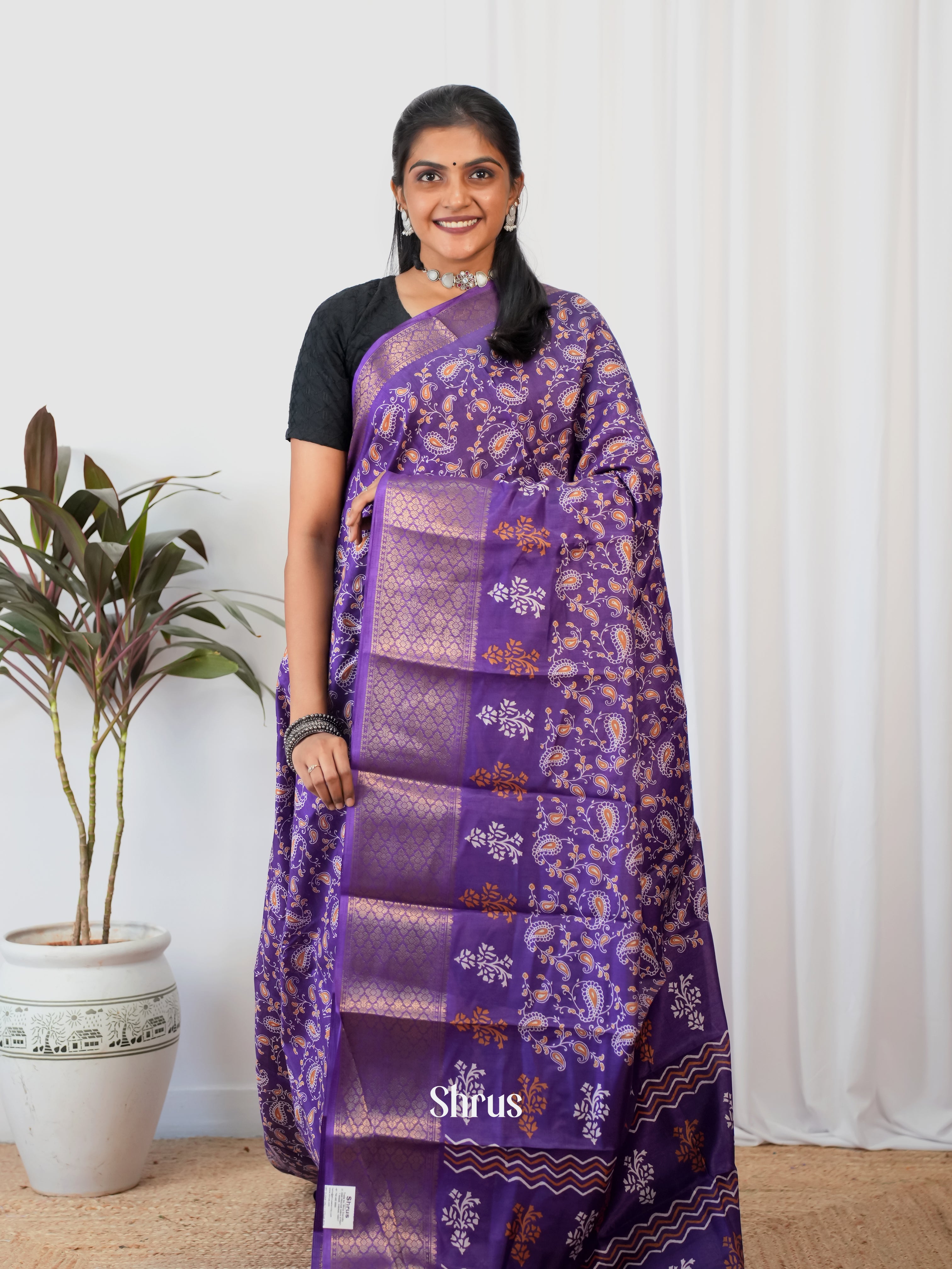 Purple - Semi Crepe Saree - Shop on Shrus.com