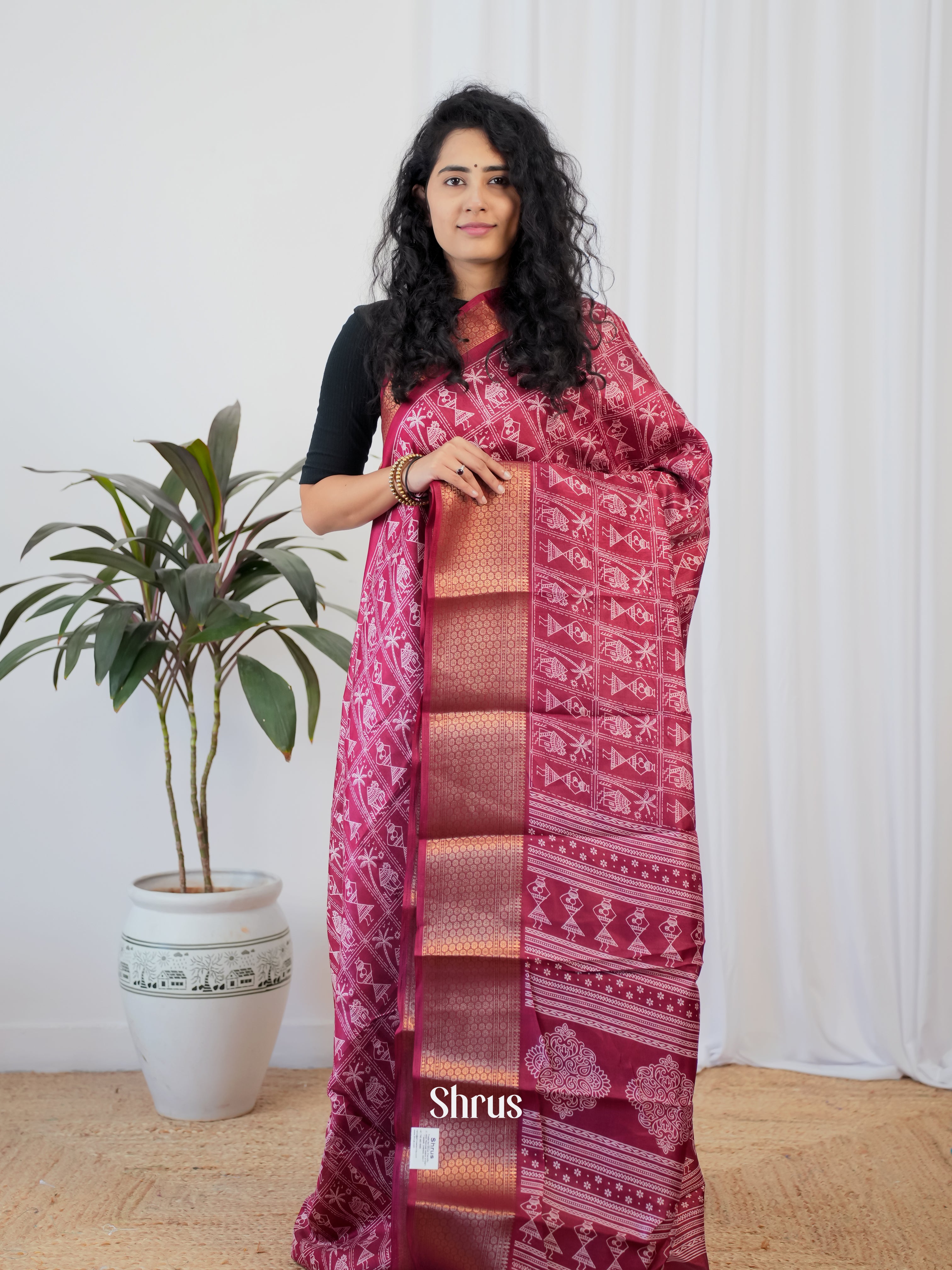 maroon - Semi Crepe Saree - Shop on Shrus.com