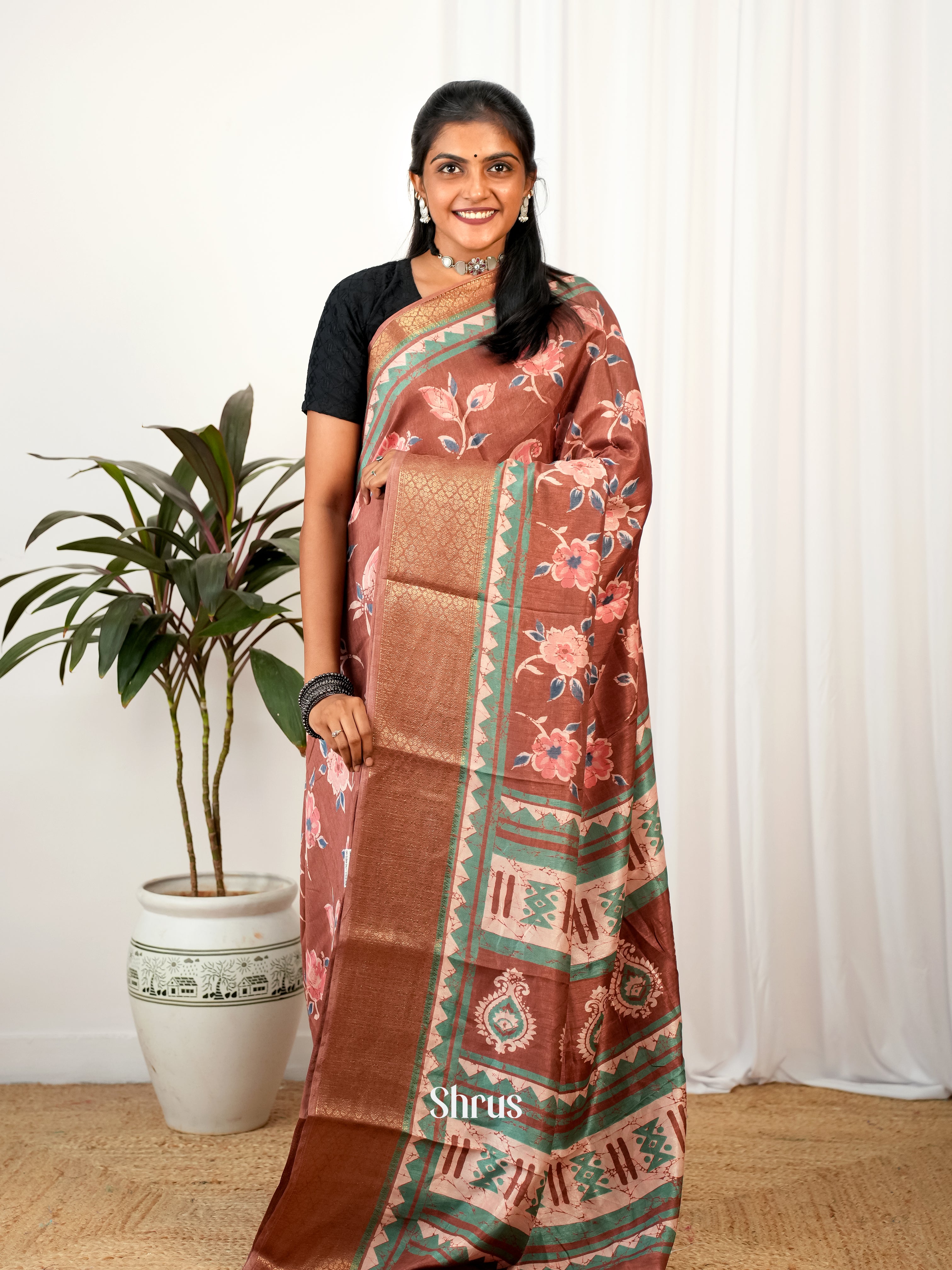 Brown & Green - Semi Crepe Saree - Shop on Shrus.com