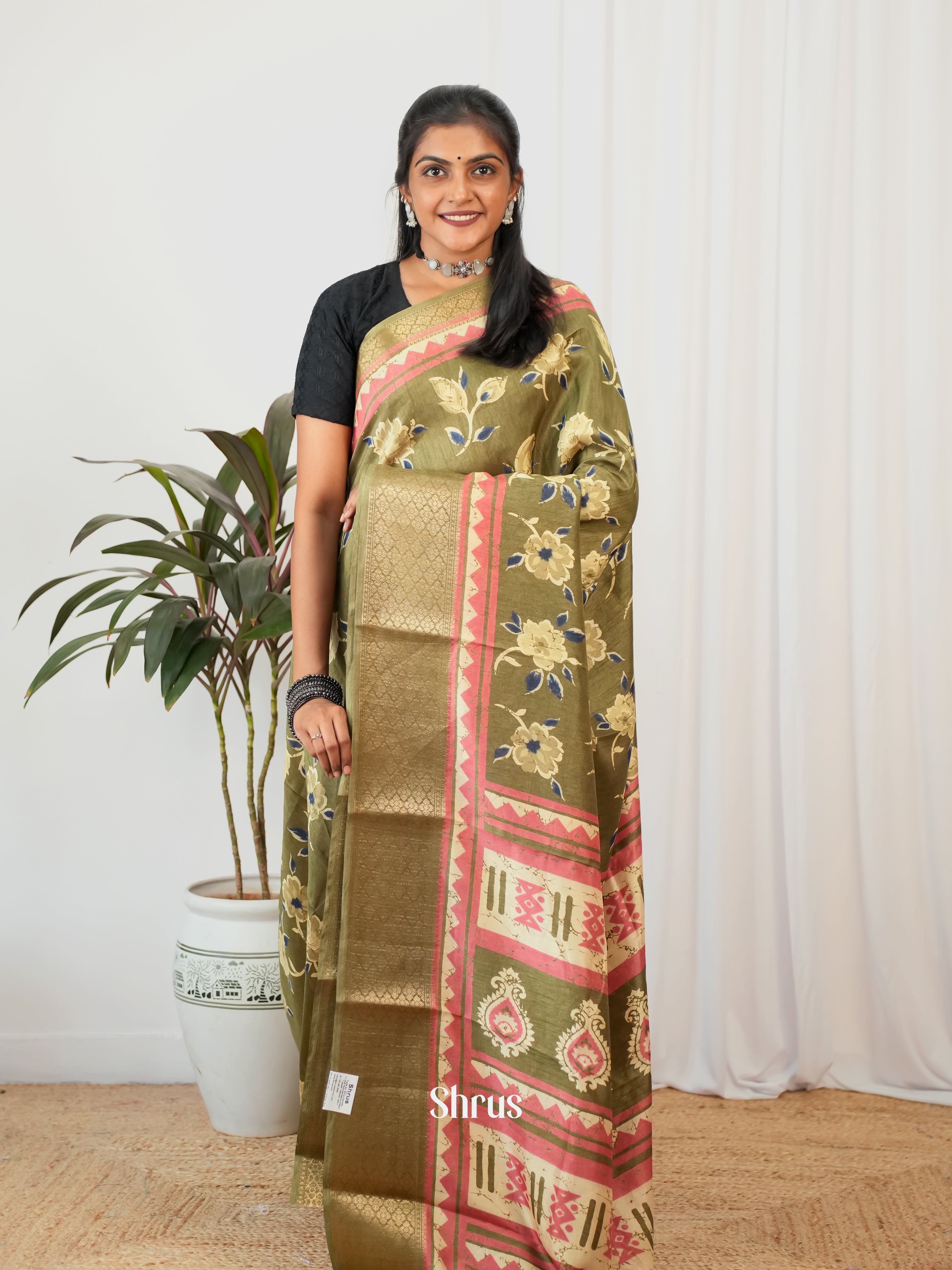 Green & Pink - Semi Crepe Saree - Shop on Shrus.com