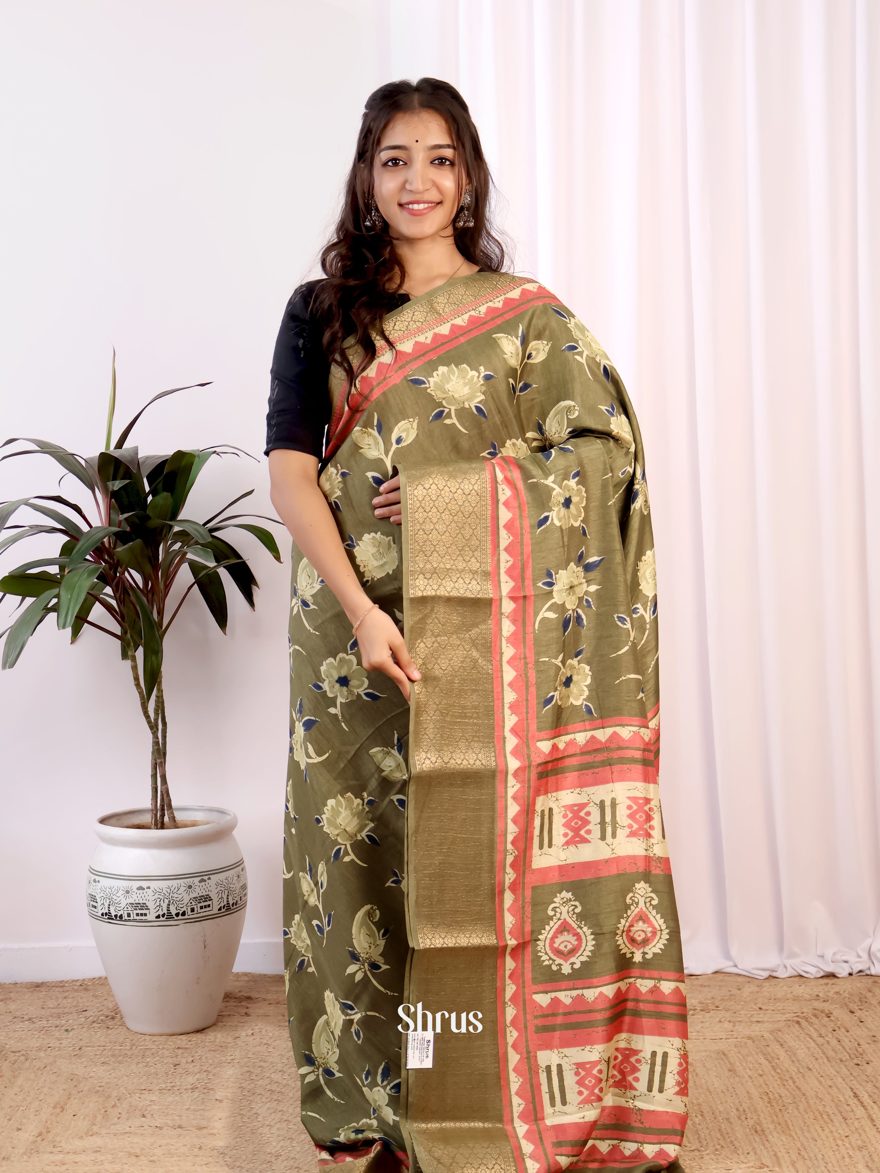 Green & Pink - Semi Crepe Saree - Shop on Shrus.com