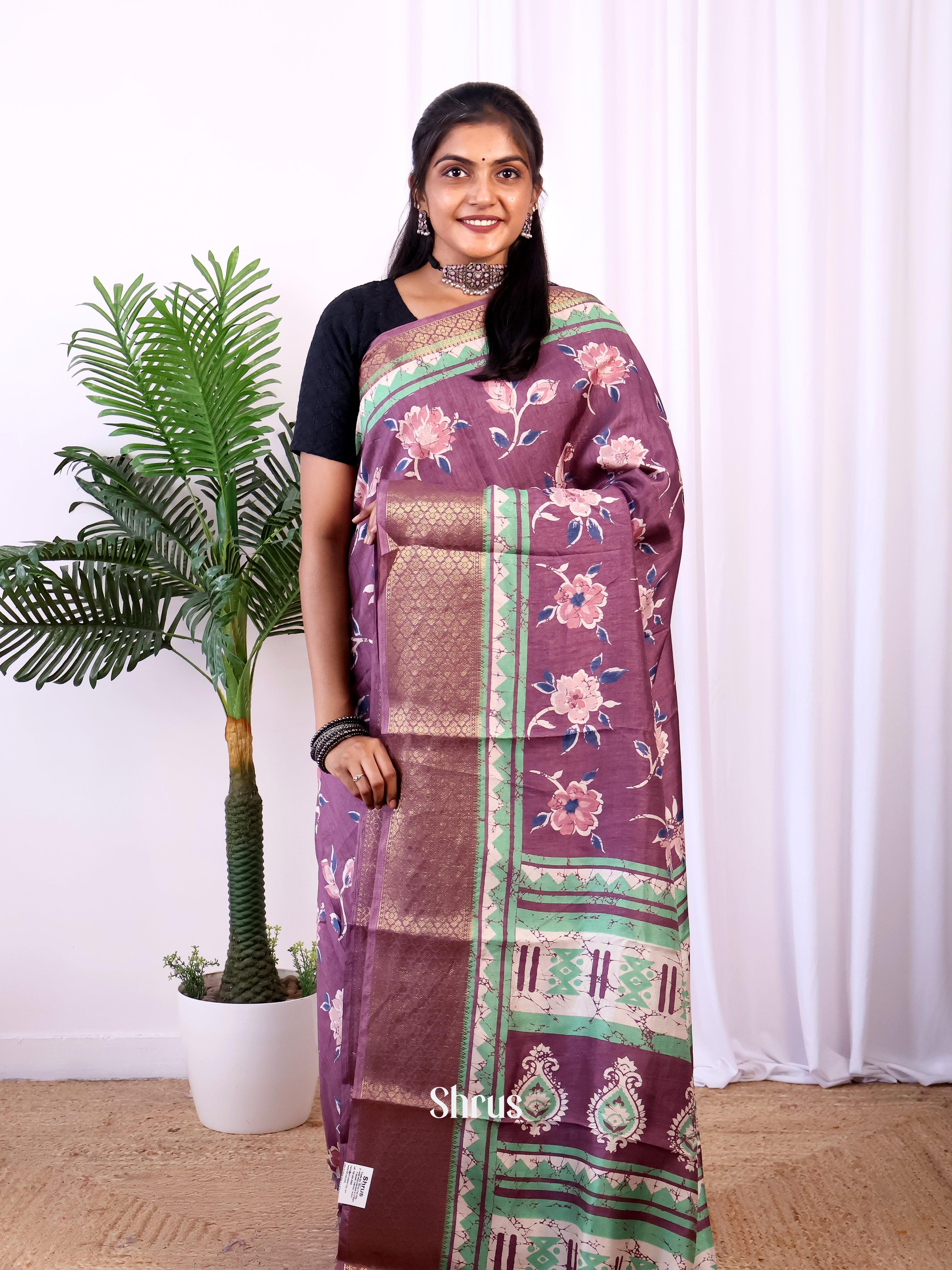 Purple & Green - Semi Crepe Saree - Shop on Shrus.com