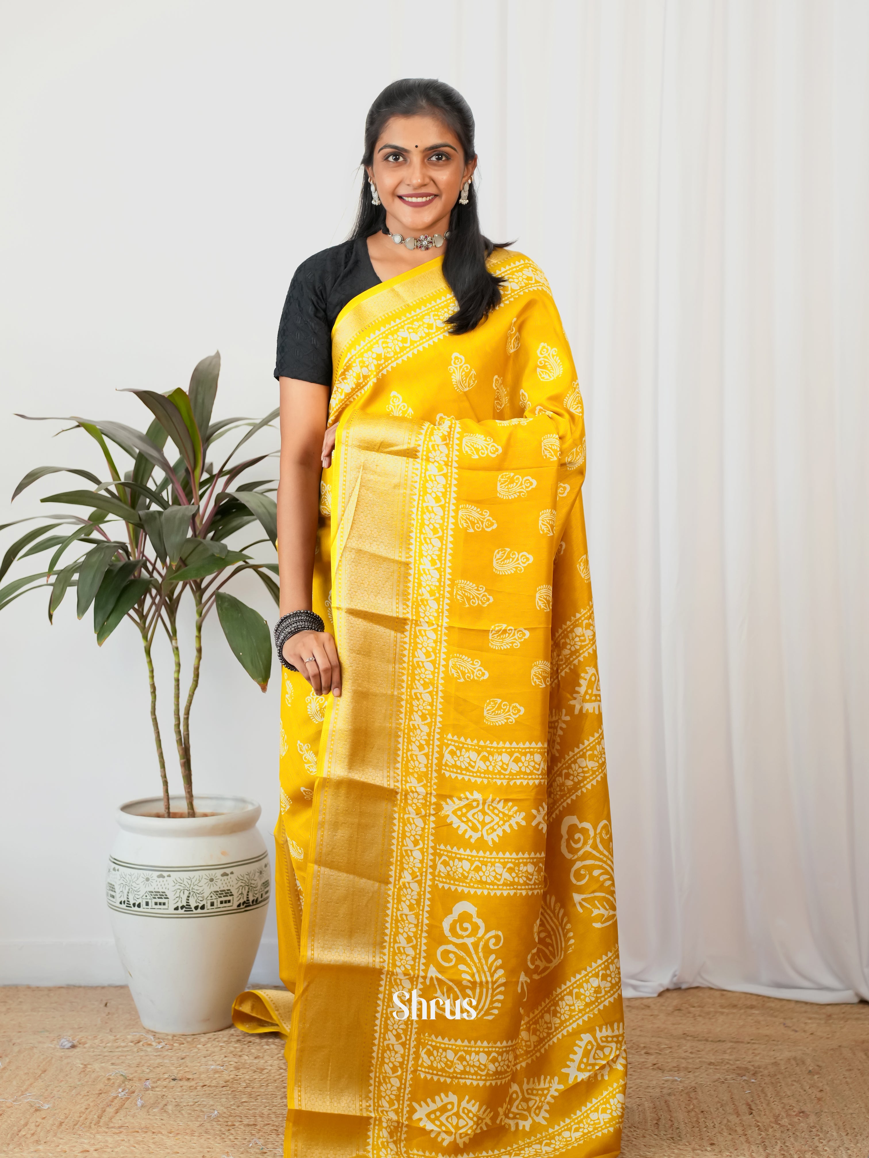 Yellow - Semi Crepe Saree - Shop on Shrus.com
