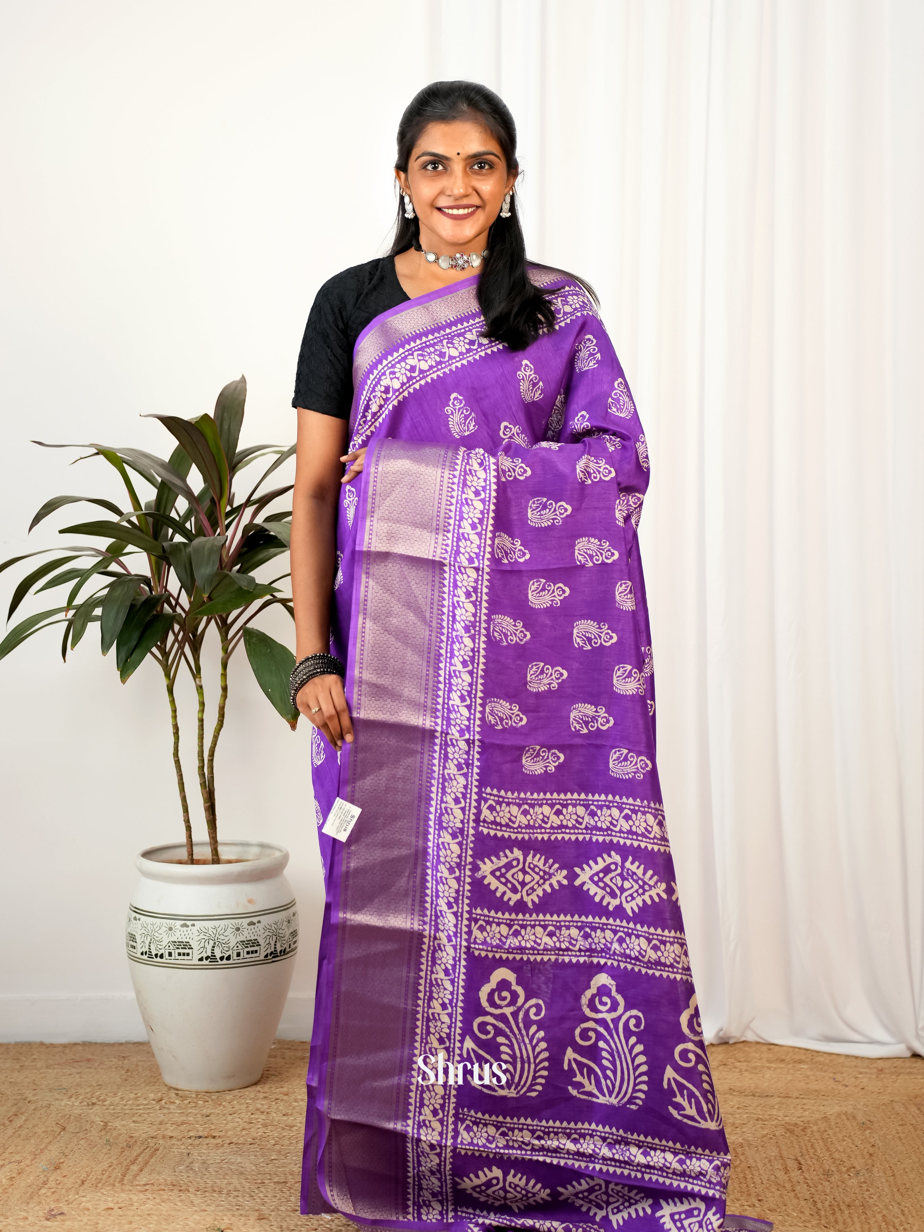 Purple- Semi Crepe Saree - Shop on Shrus.com