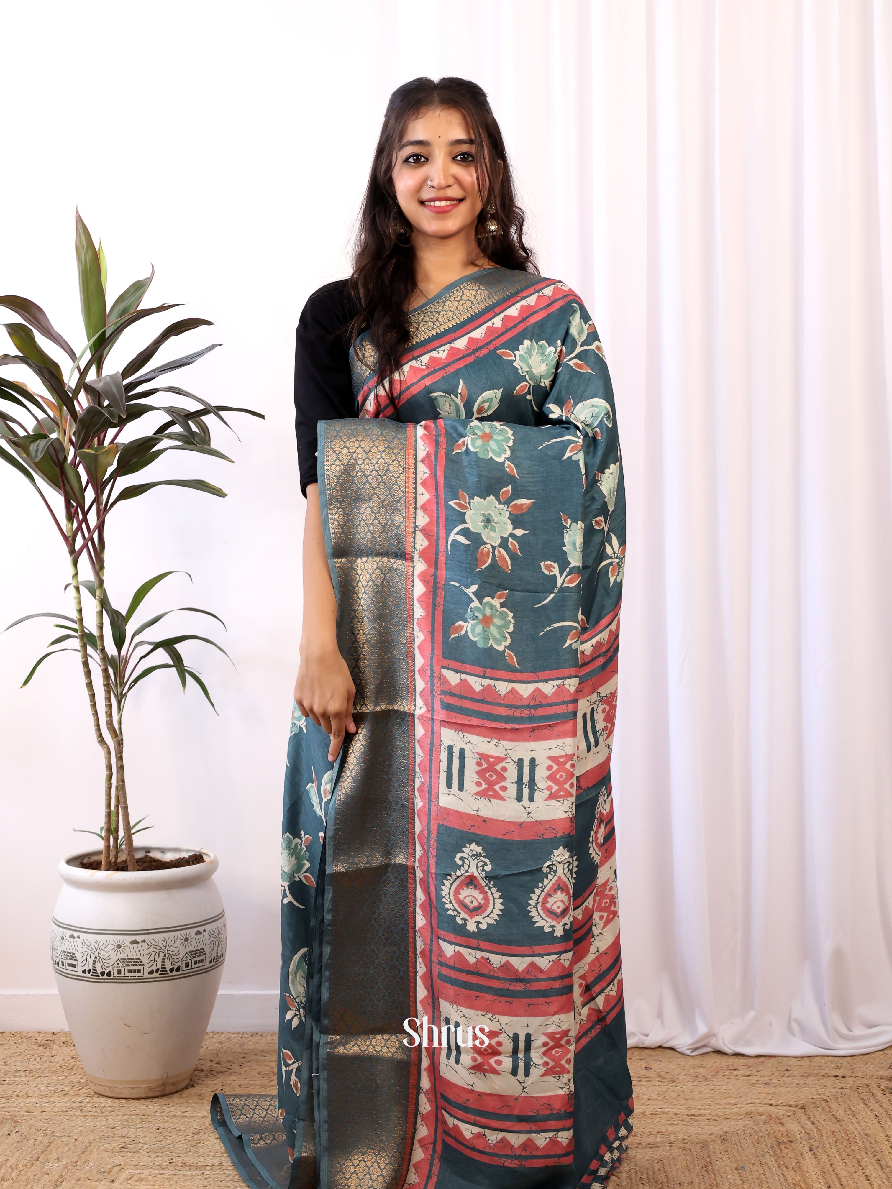 Green & Pink - Semi Crepe Saree - Shop on Shrus.com