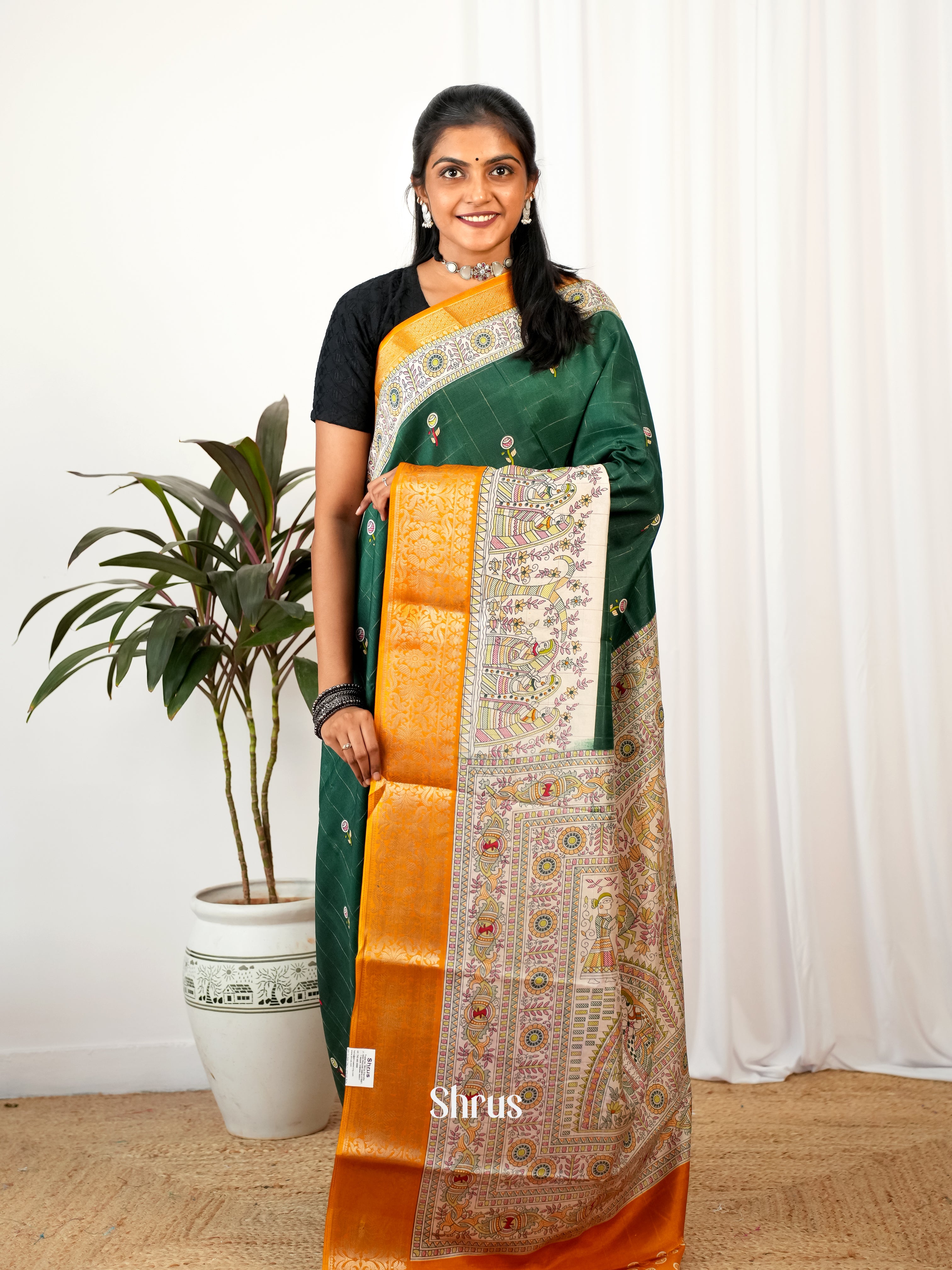 Green & Orange - Semi Crepe Saree - Shop on Shrus.com