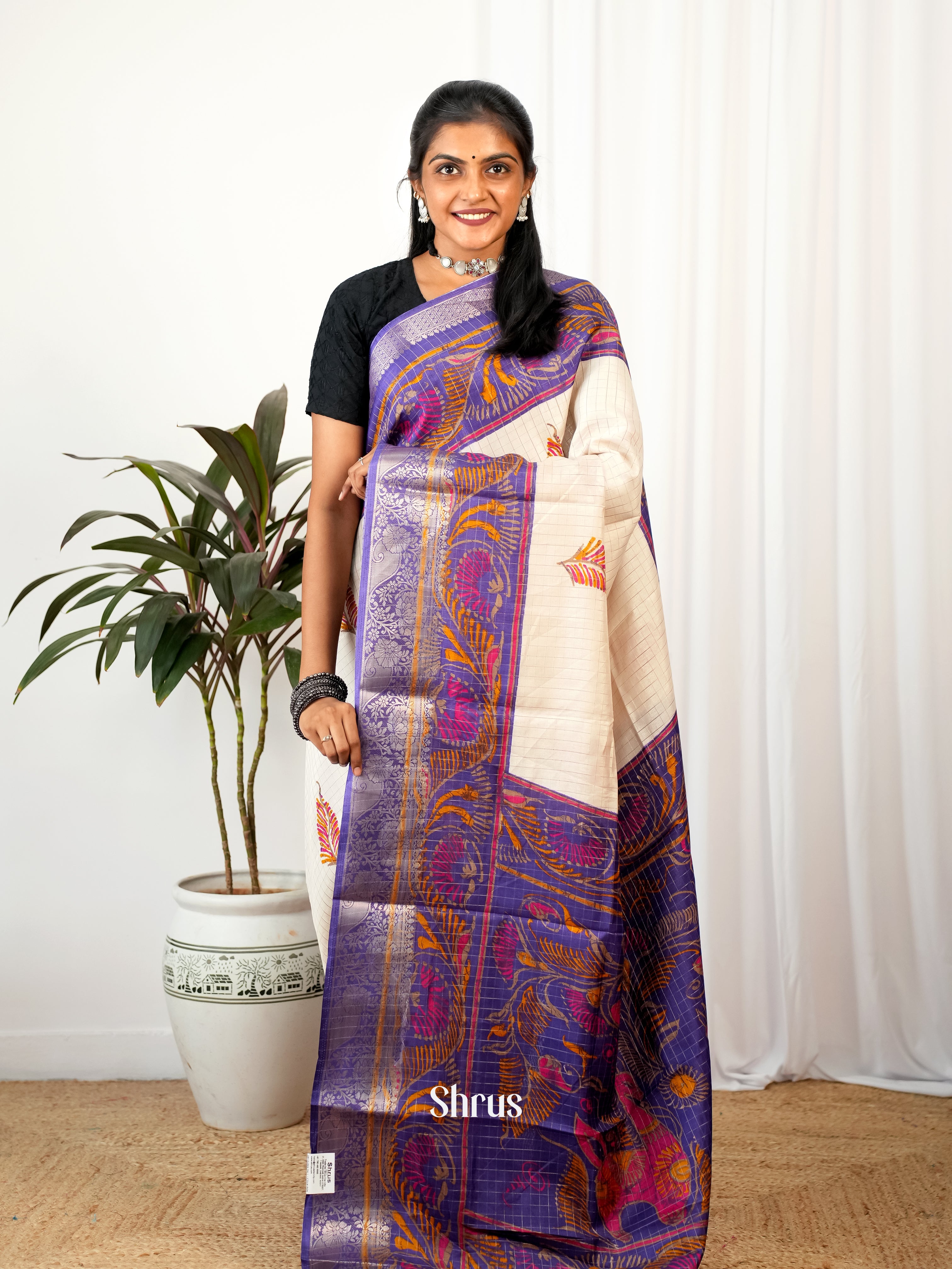 Cream & Violet - Semi Crepe Saree - Shop on Shrus.com