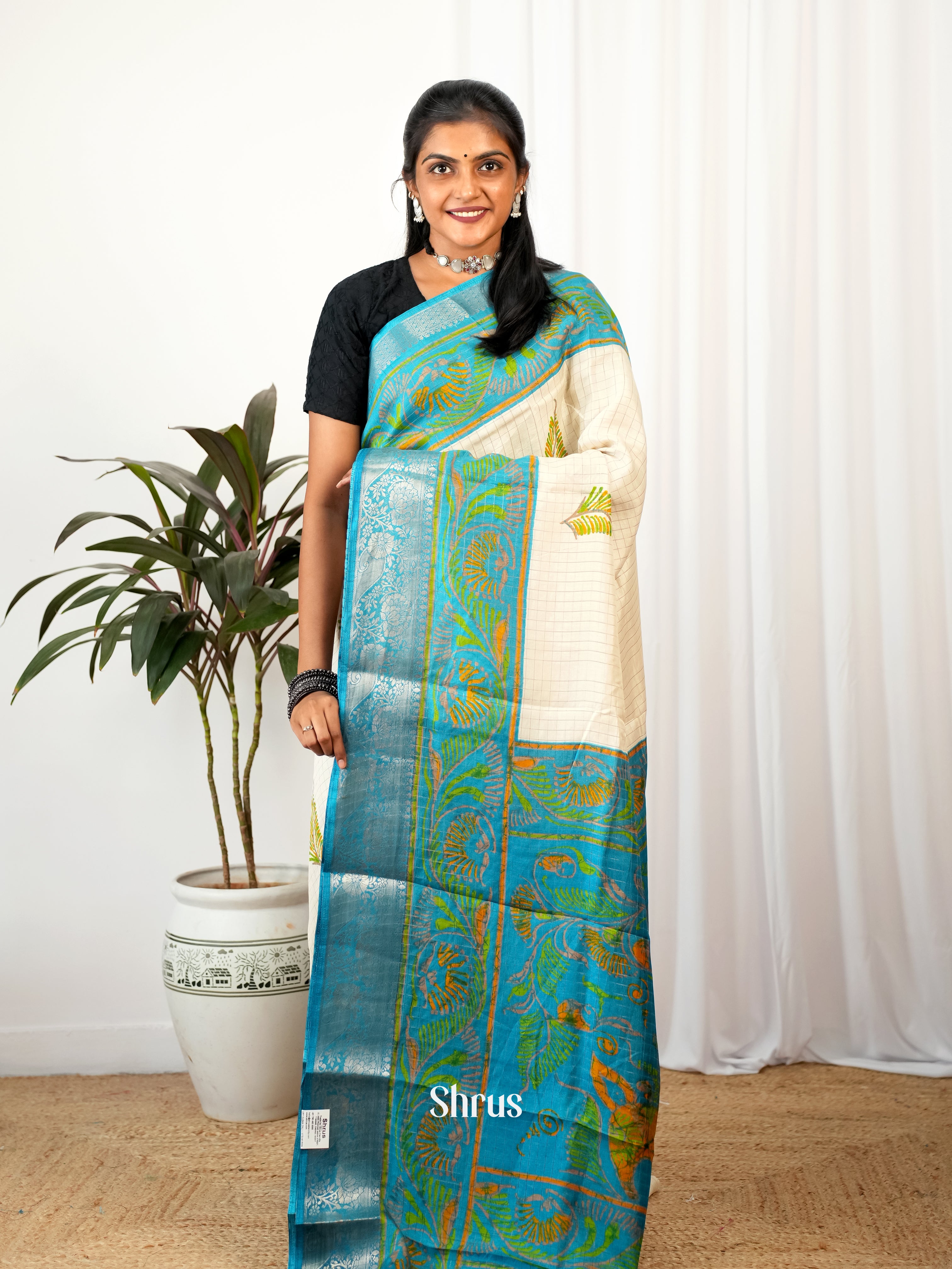 Cream & Green- Semi Crepe Saree - Shop on Shrus.com