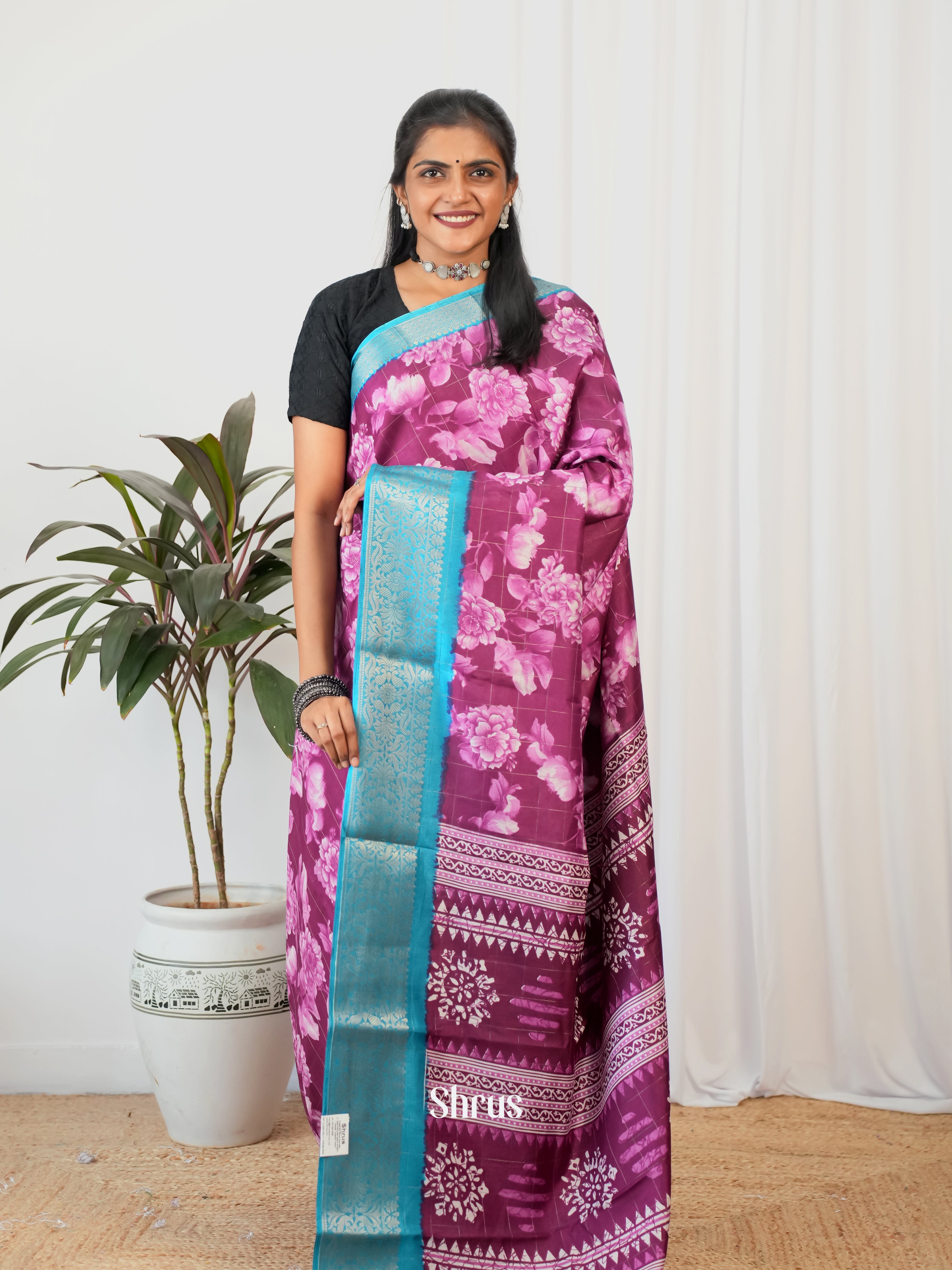Wine & Teal - Semi Crepe Saree - Shop on Shrus.com