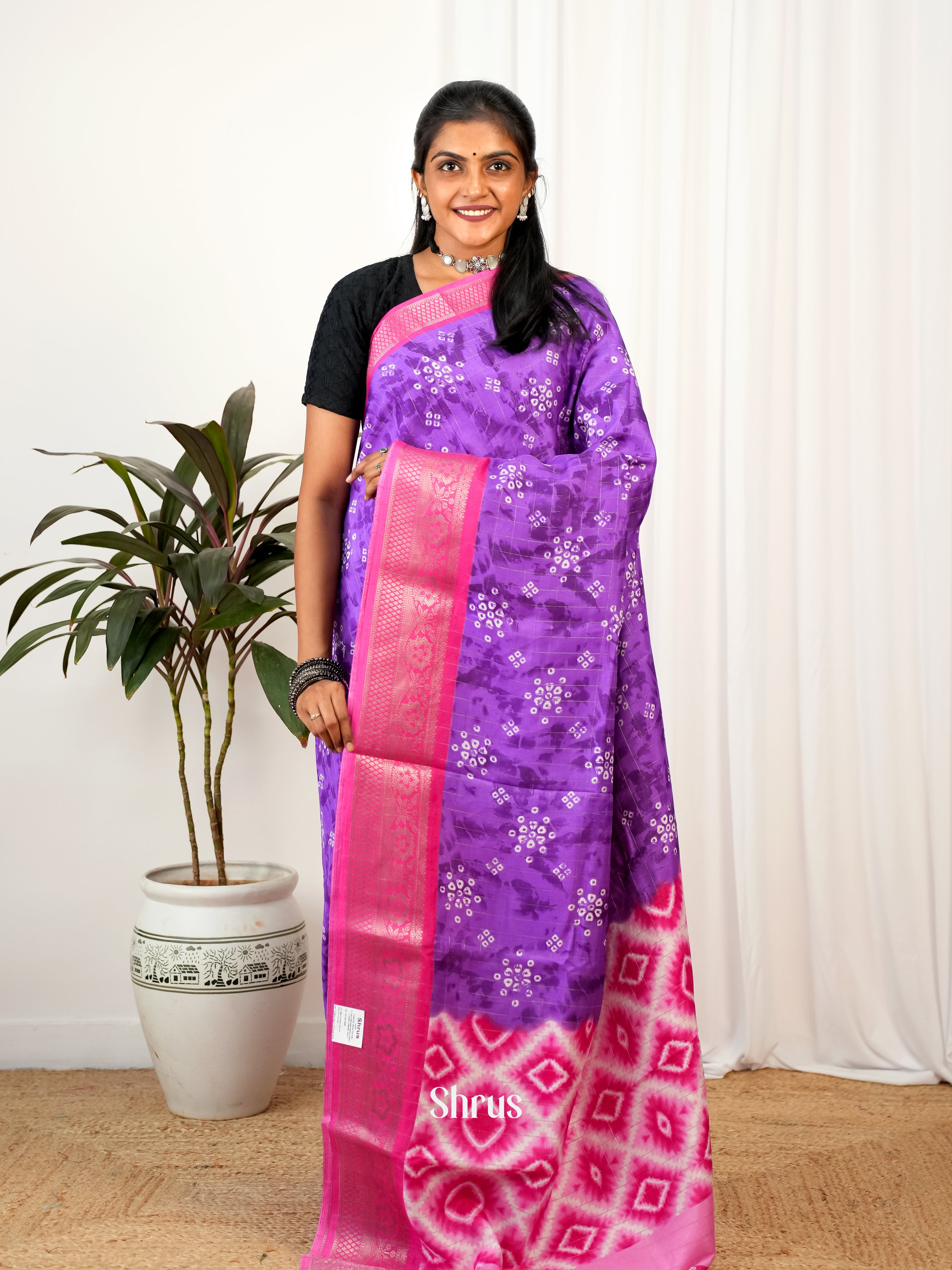 Purple & Pink - Semi Crepe Saree - Shop on Shrus.com