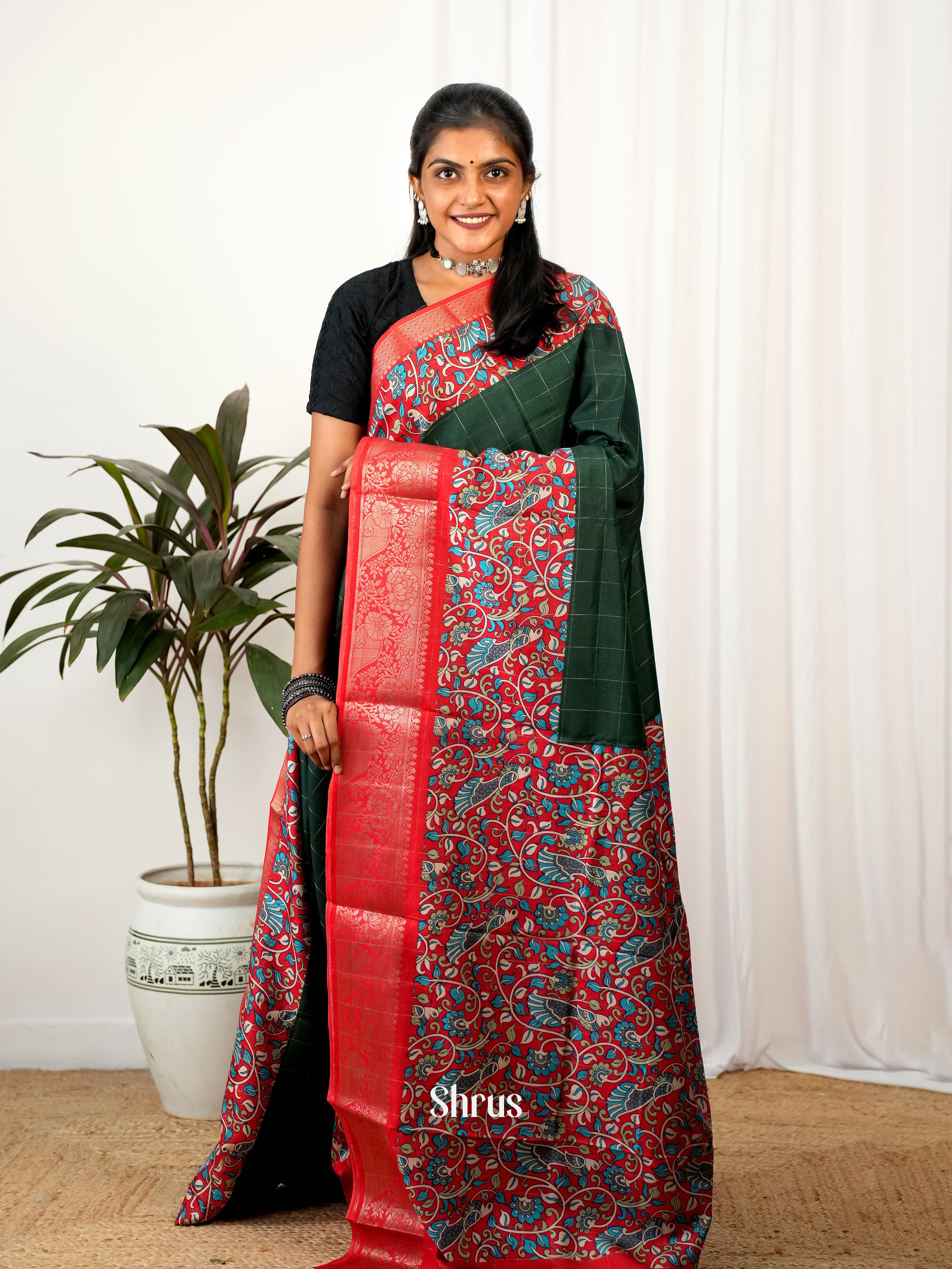 Green & Red - Semi Crepe Saree - Shop on Shrus.com