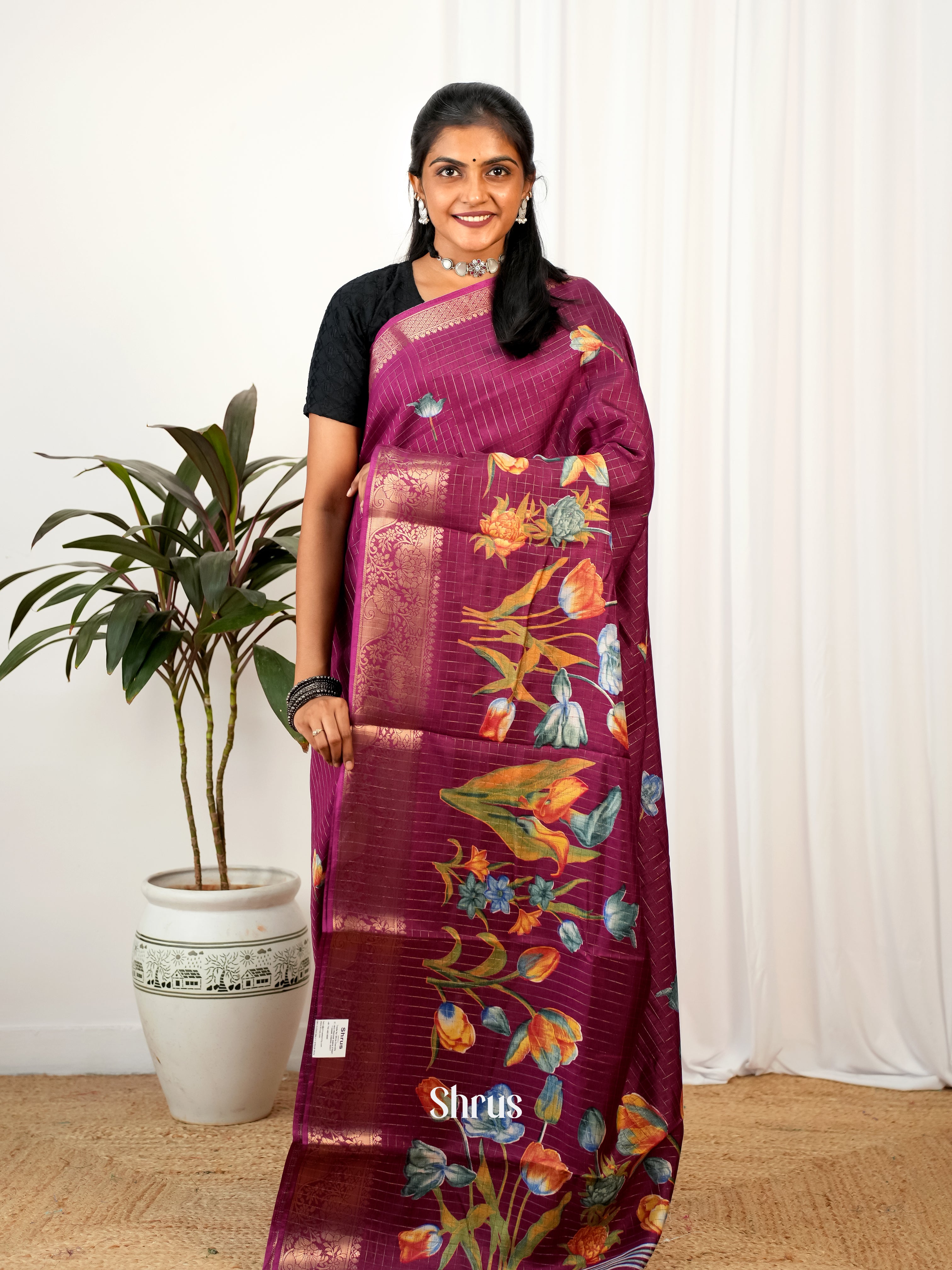 Wine- Semi Crepe Saree - Shop on Shrus.com