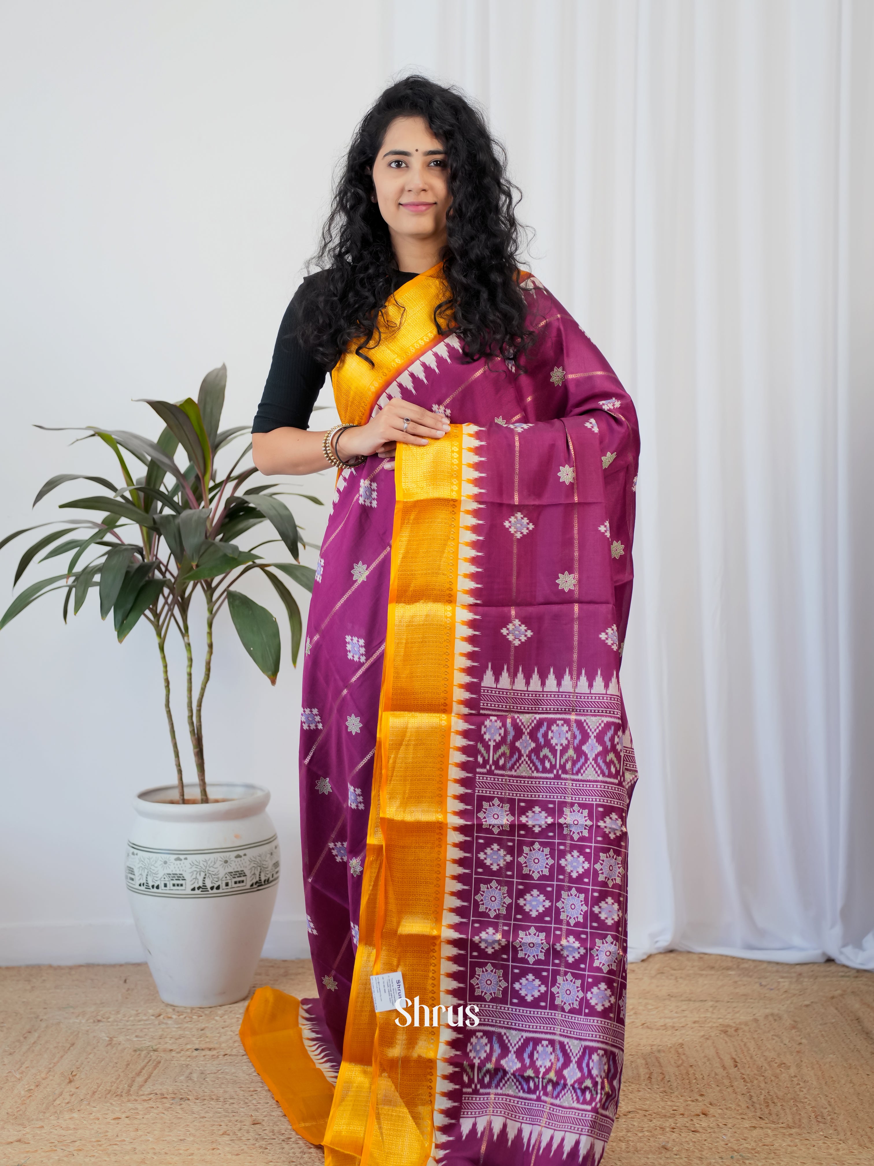 Purple & Yellow - Semi Crepe Saree - Shop on Shrus.com
