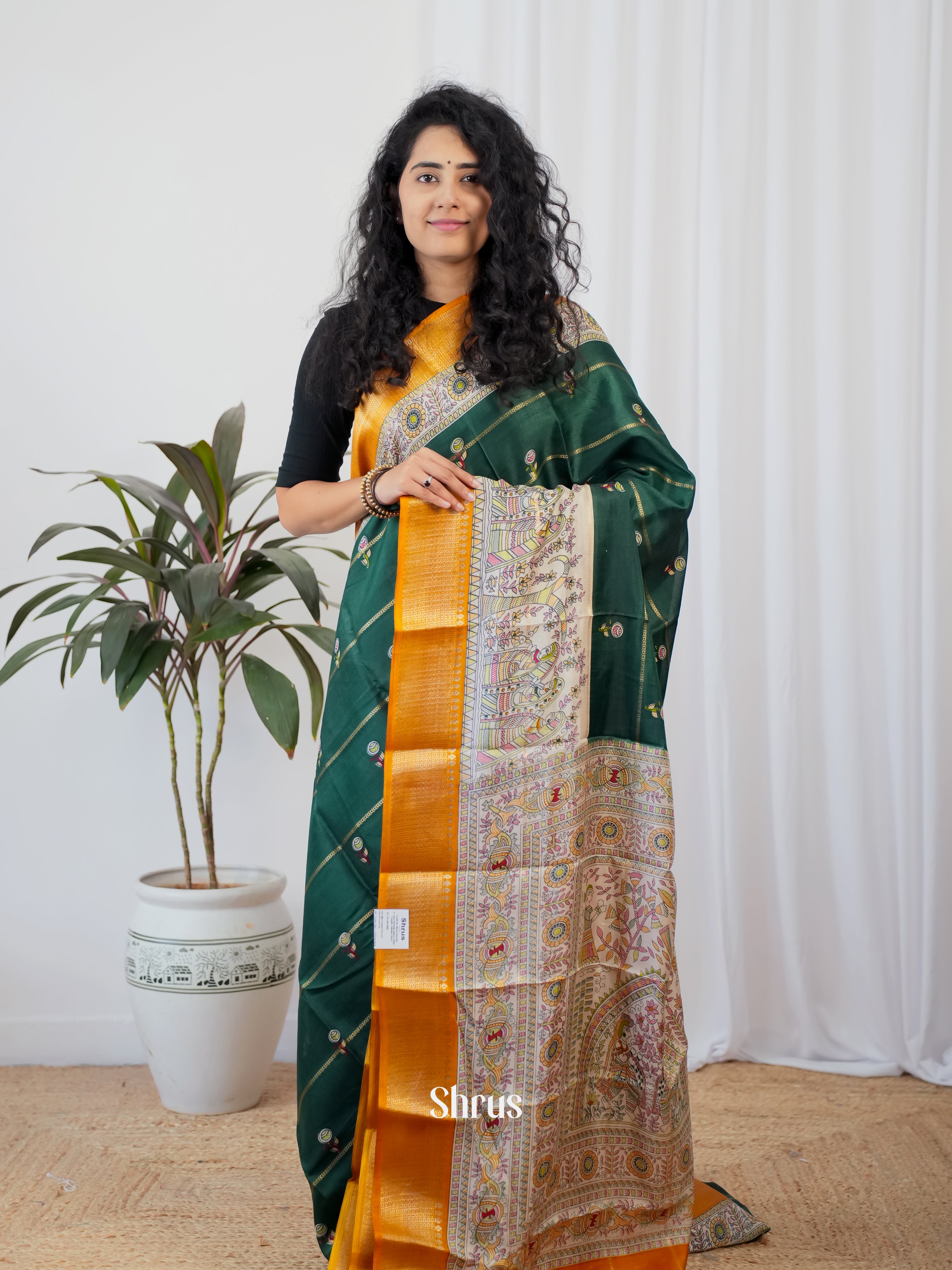 Green & Orange - Semi Crepe Saree - Shop on Shrus.com