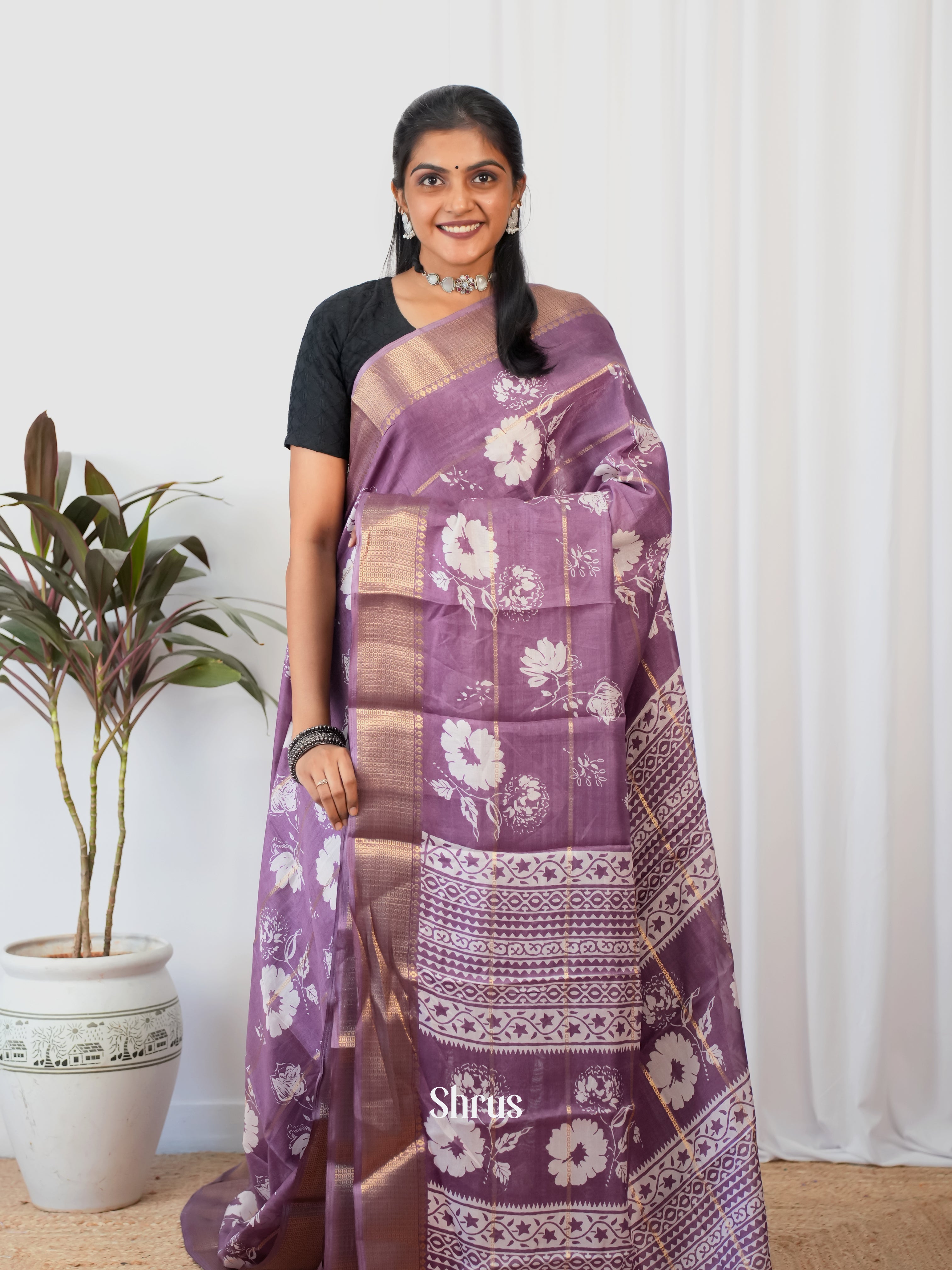 Purple - Semi Crepe Saree - Shop on Shrus.com