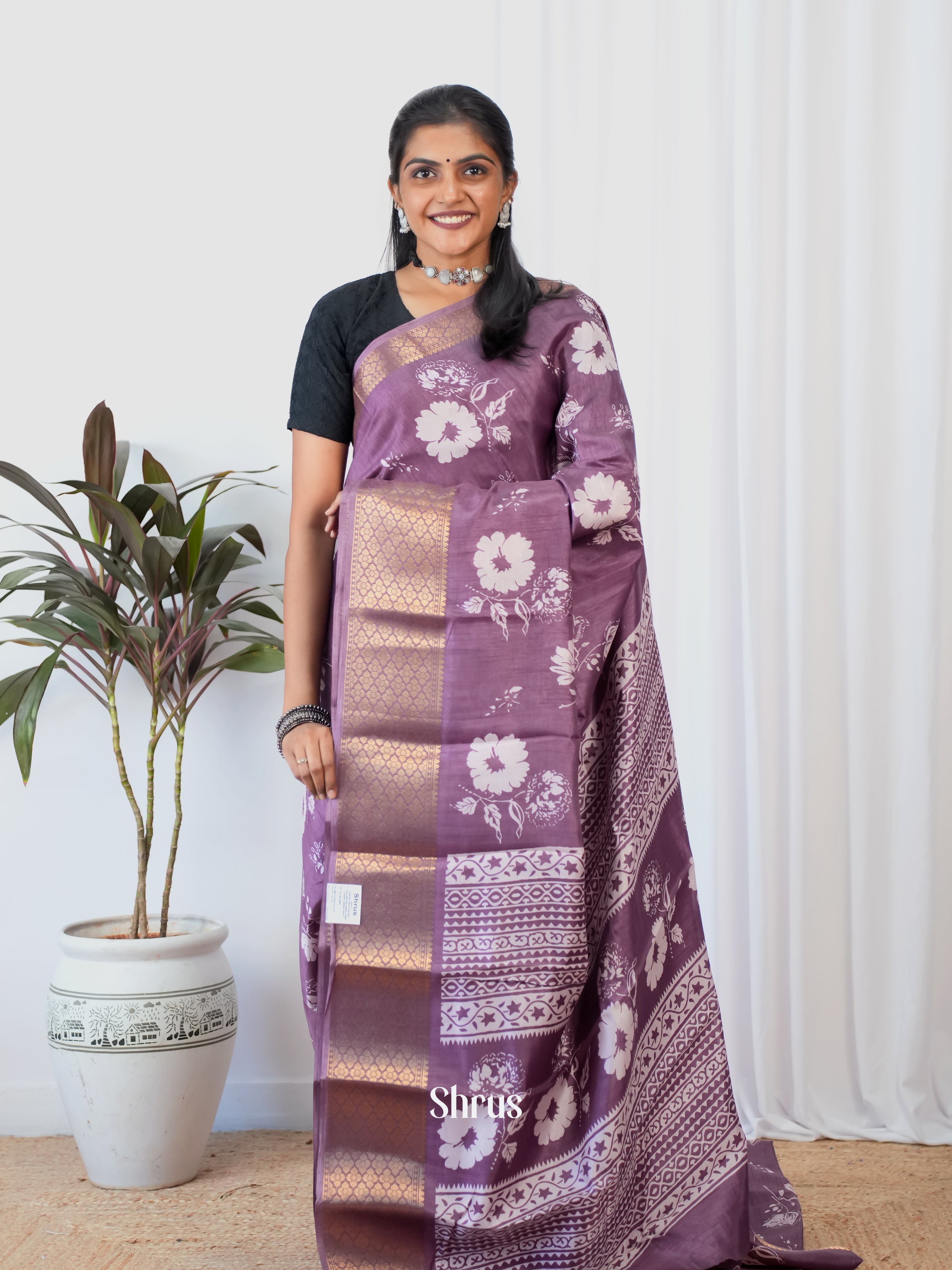 Purple - Semi Crepe Saree - Shop on Shrus.com