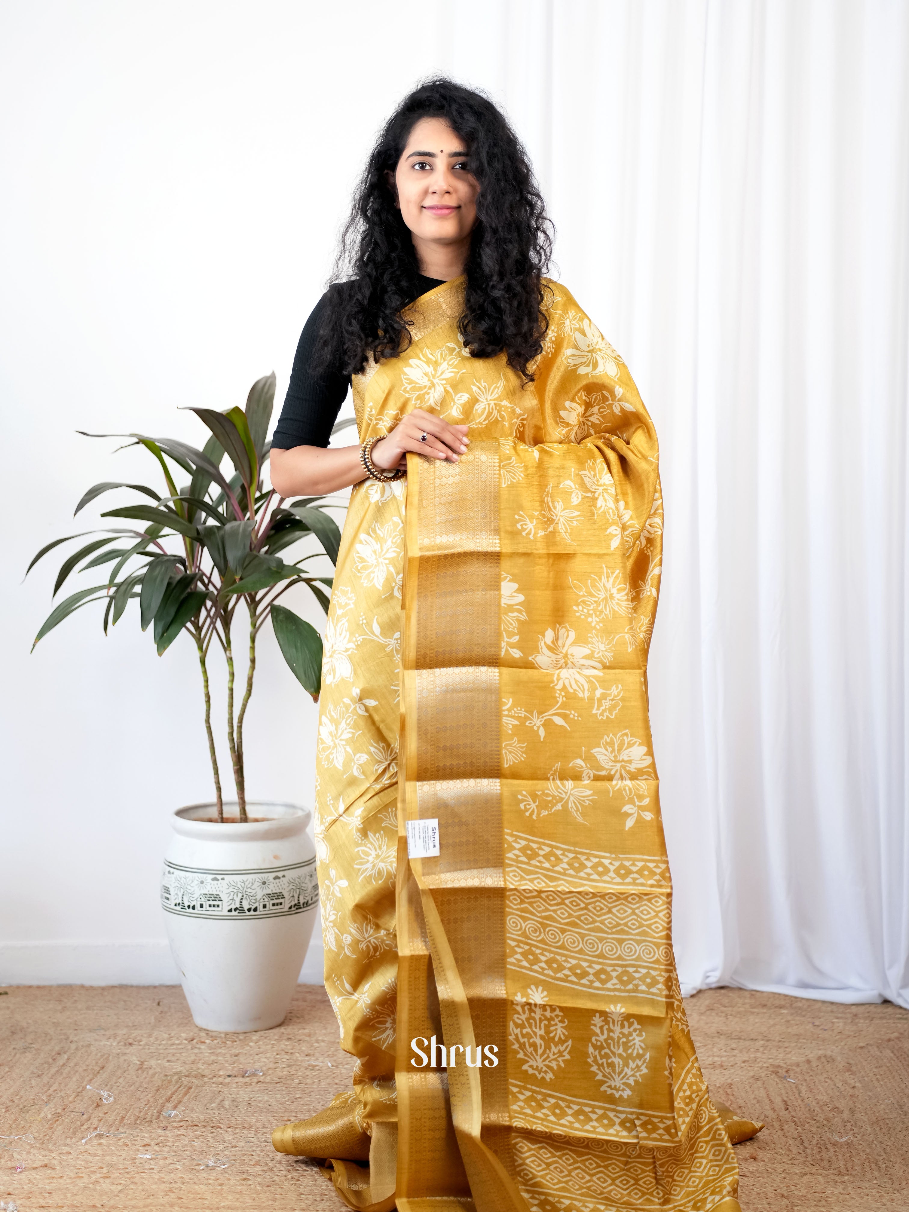 Yellow - Semi Crepe Saree - Shop on Shrus.com