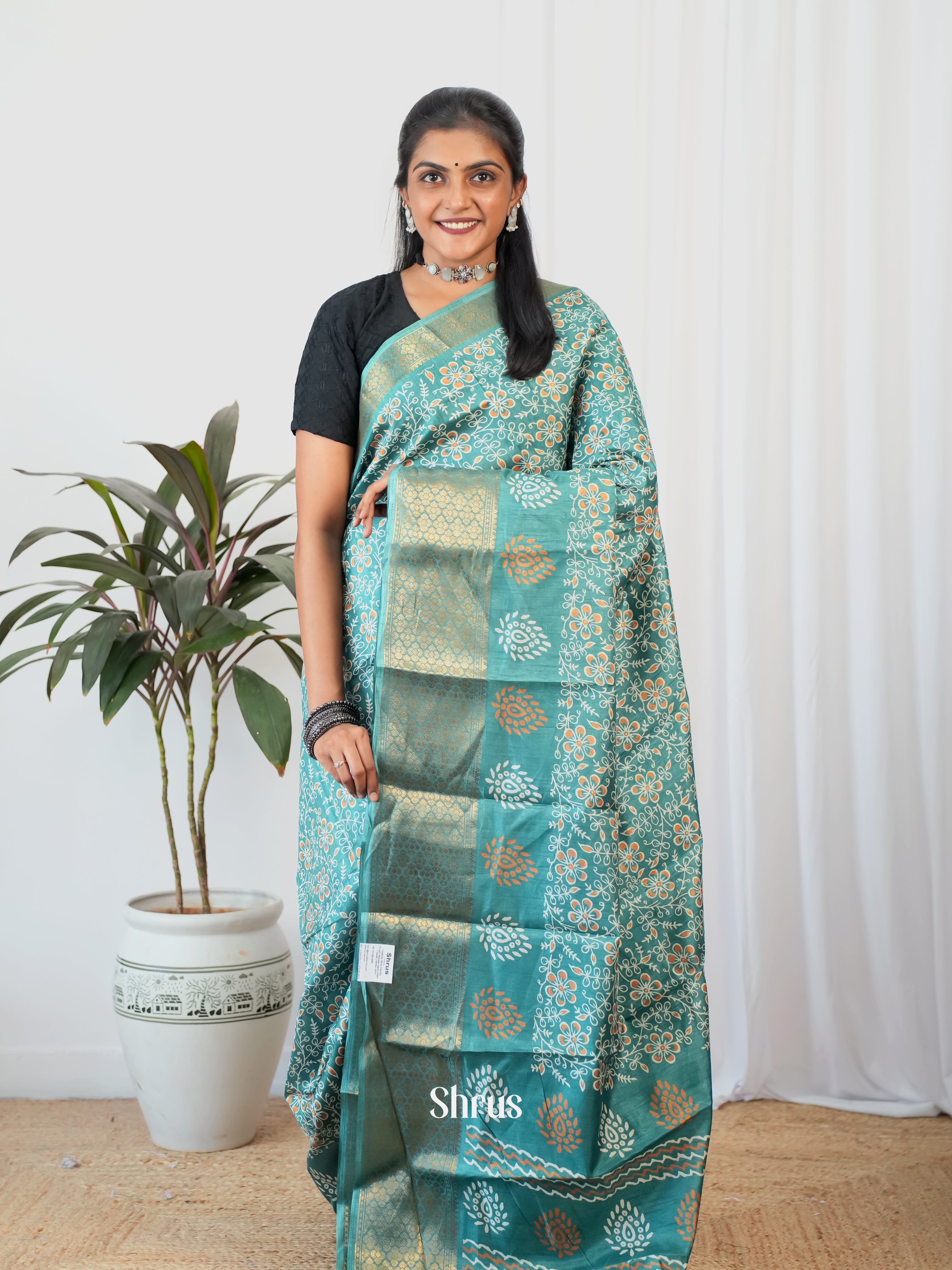 Teal - Semi Crepe Saree - Shop on Shrus.com