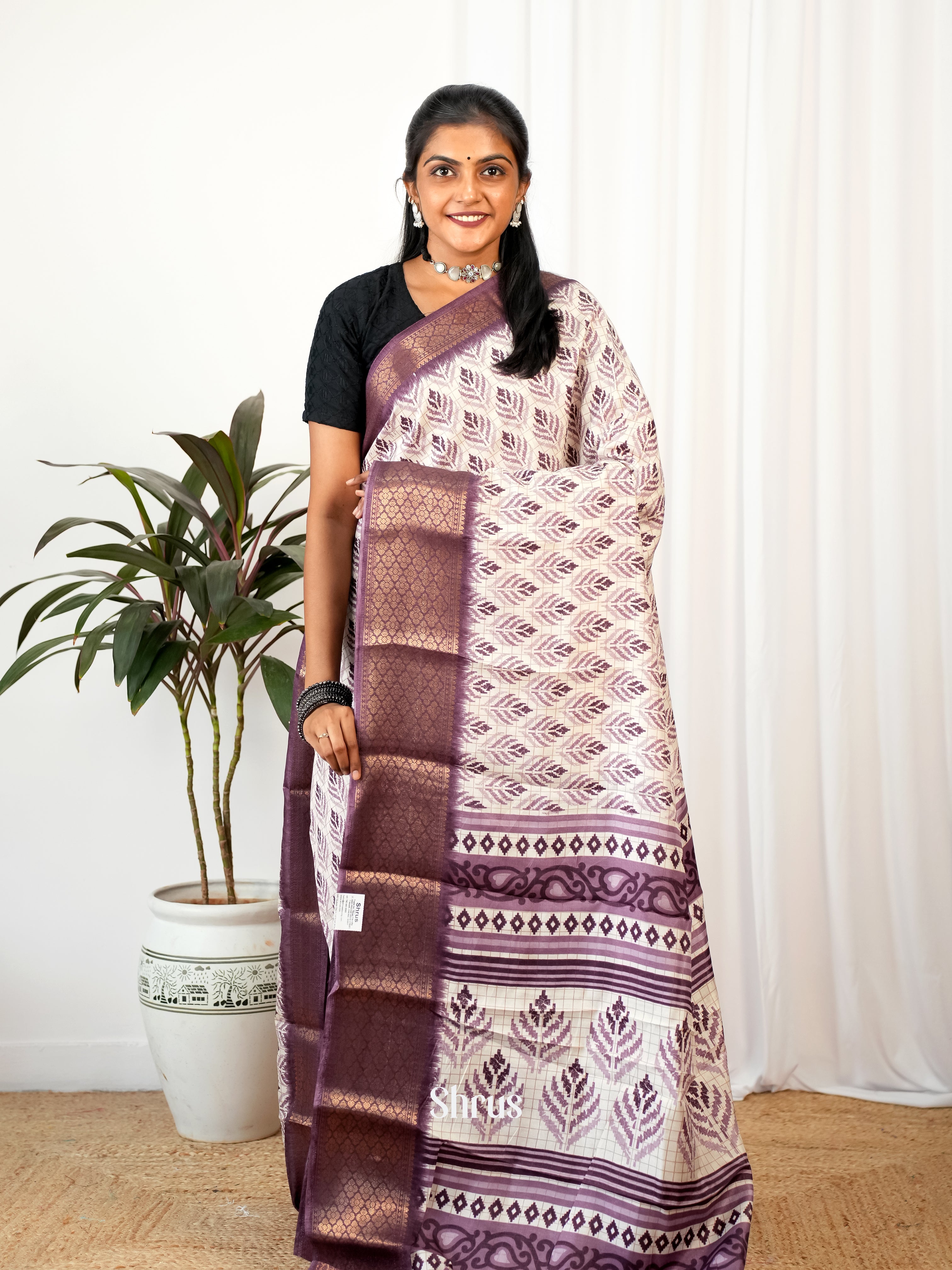 Cream & Purple- Semi Crepe Saree - Shop on Shrus.com