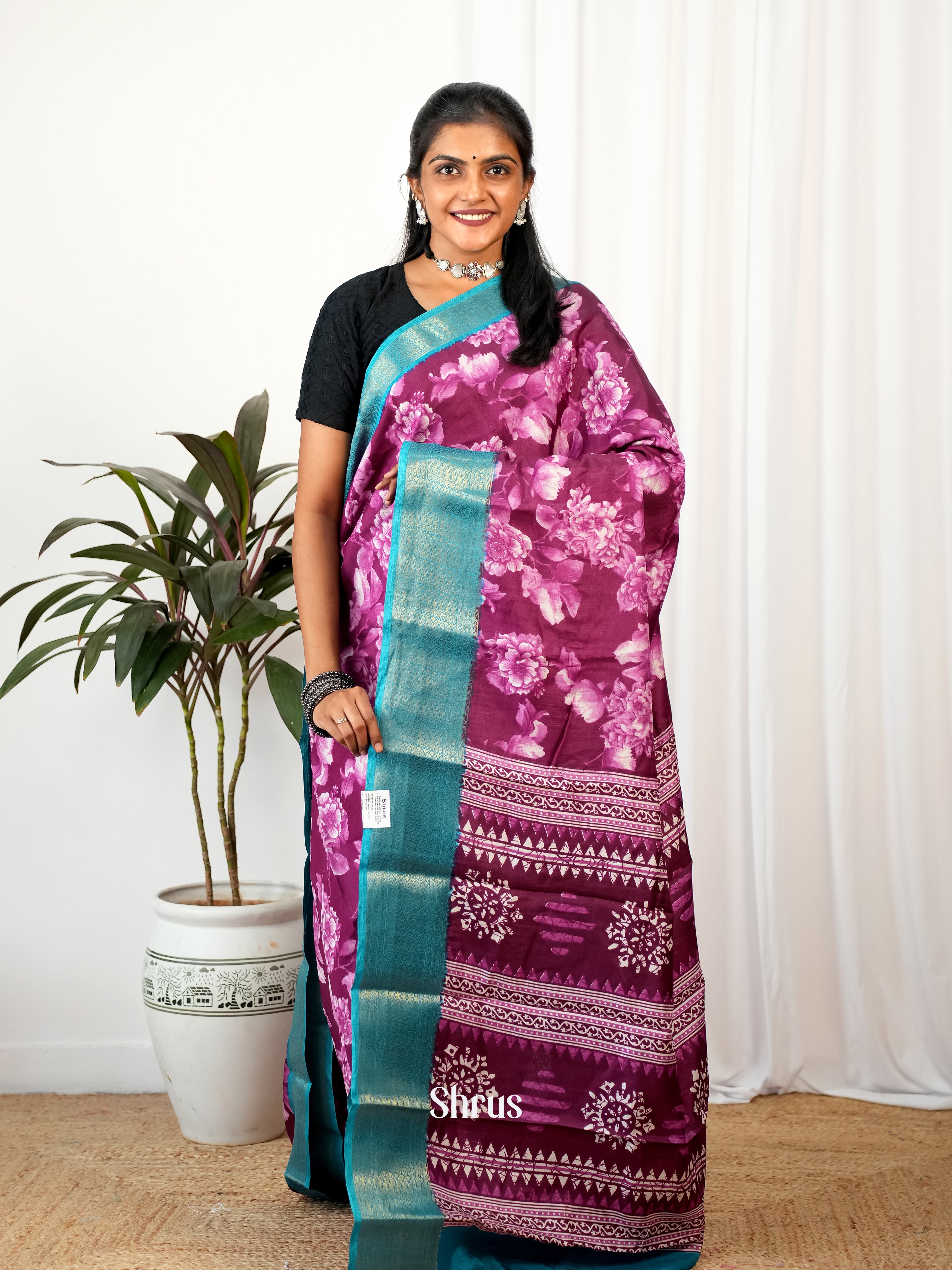 Purple & Blue - Semi Crepe Saree - Shop on Shrus.com