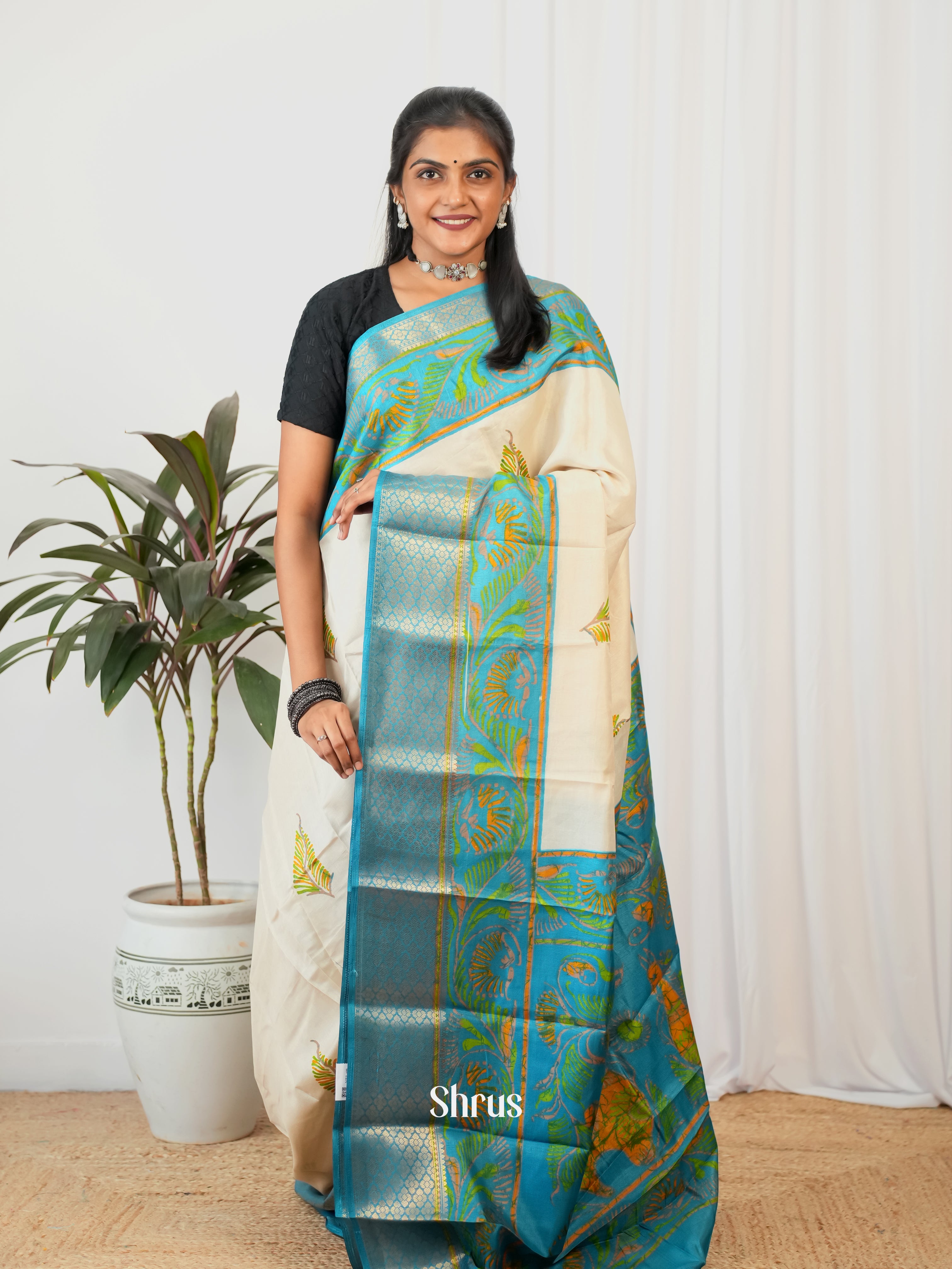 Cream & Blue- Semi Crepe Saree - Shop on Shrus.com
