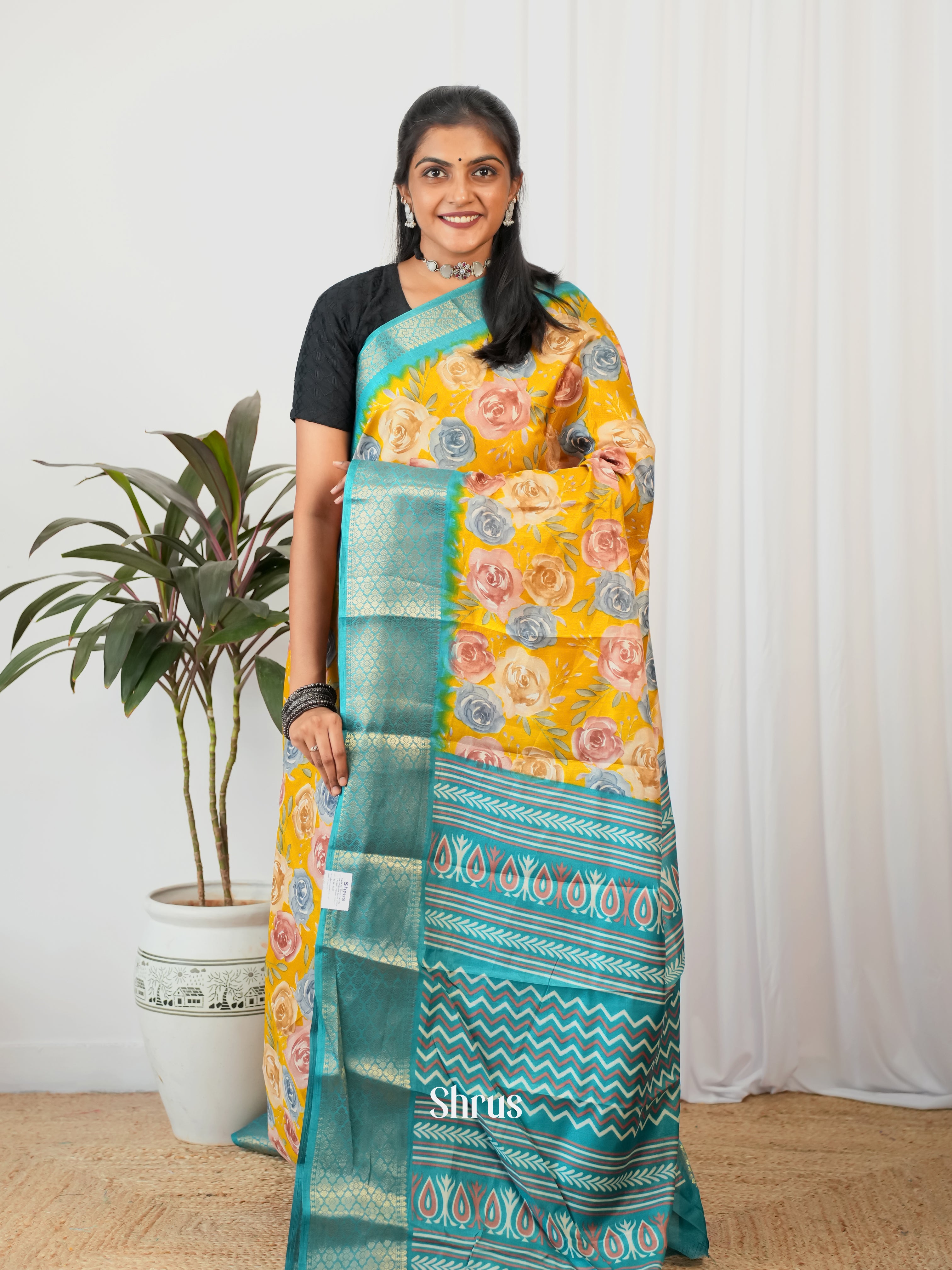 Yellow & Blue - Semi Crepe Saree - Shop on Shrus.com